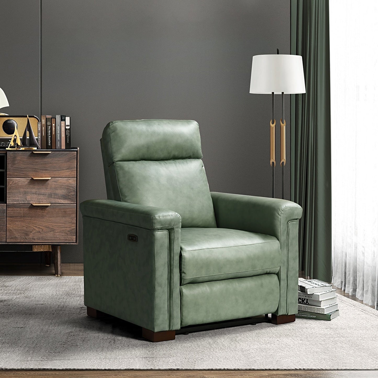 Alicia 34.65 Wide Contemporary Classic Genuine Leather Power Recliner With USB Port