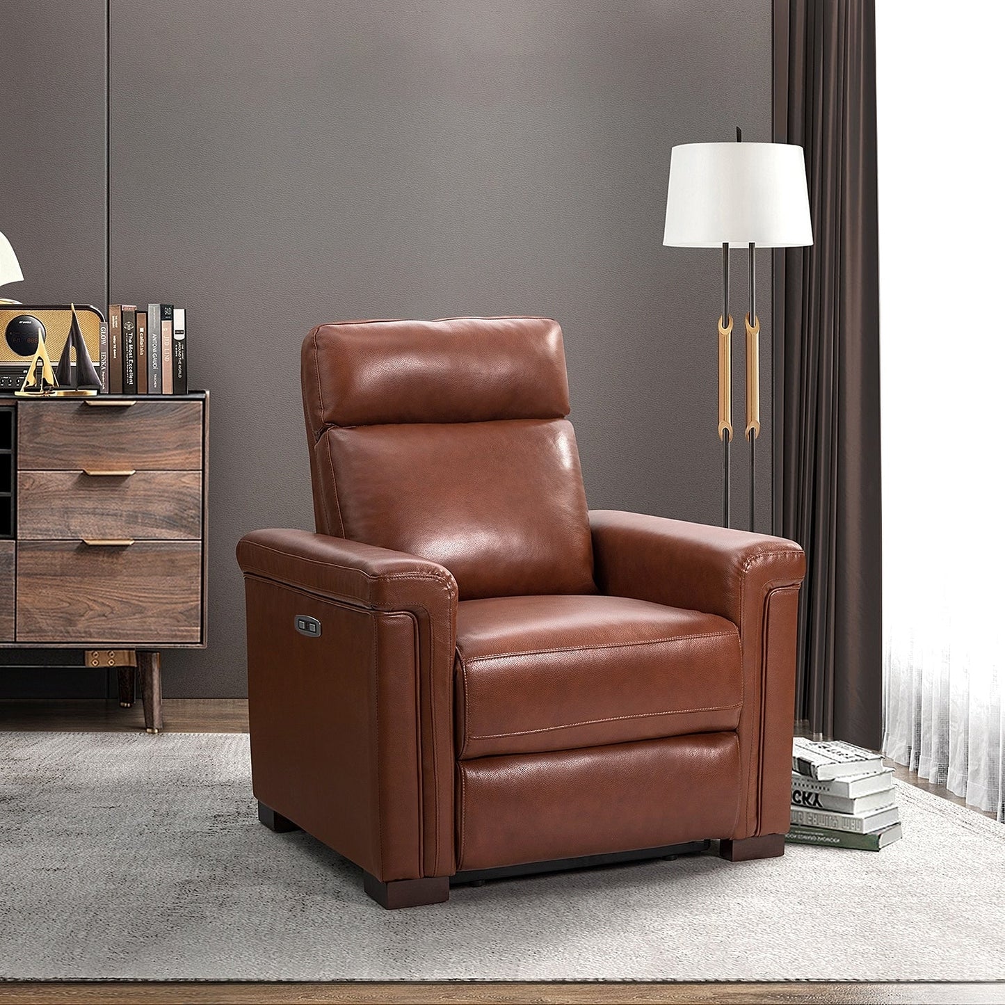 Alicia 34.65 Wide Contemporary Classic Genuine Leather Power Recliner With USB Port