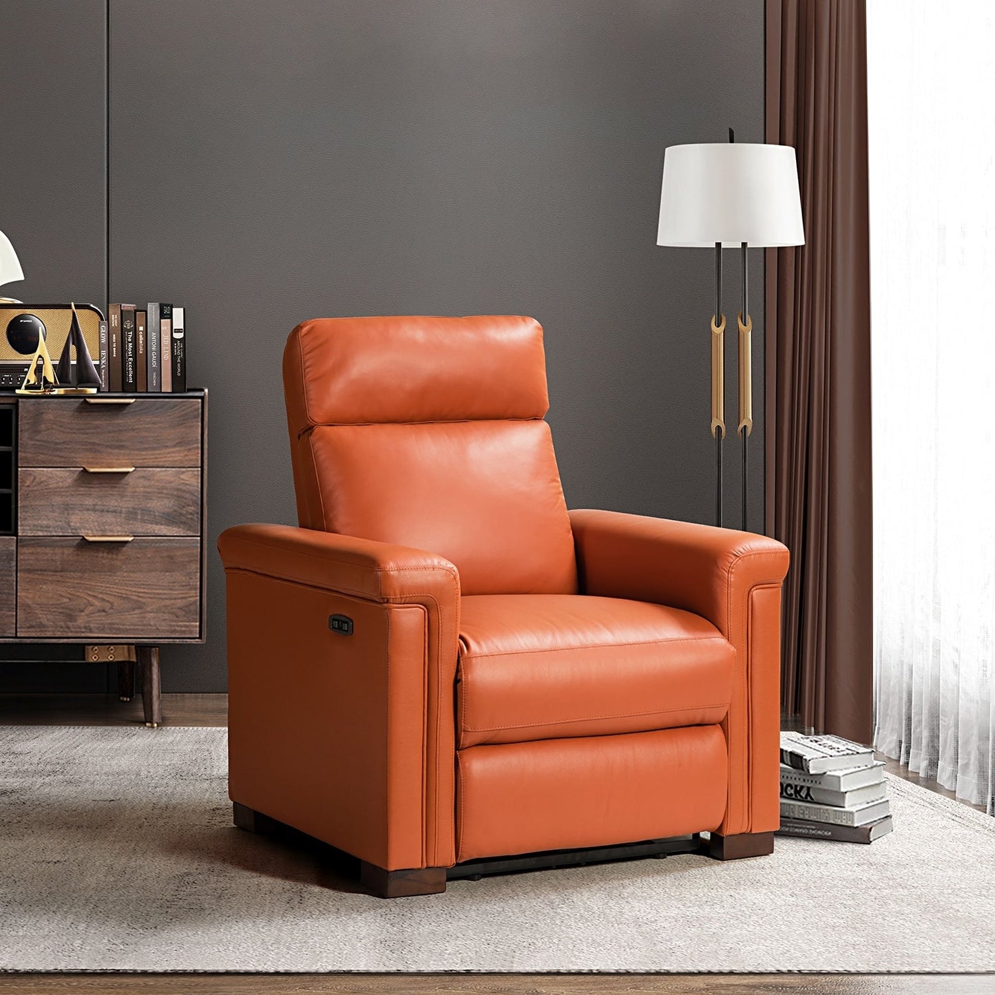 Alicia 34.65 Wide Contemporary Classic Genuine Leather Power Recliner With USB Port