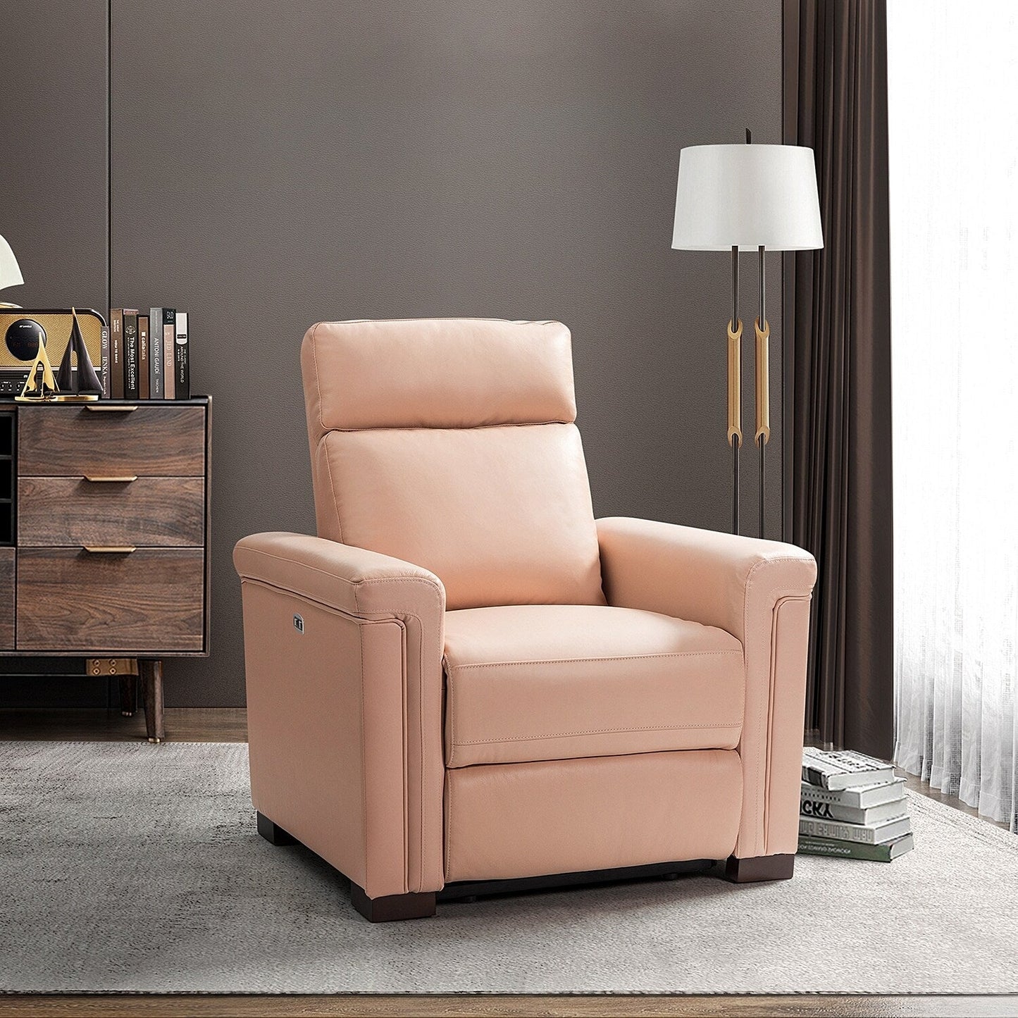 Alicia 34.65 Wide Contemporary Classic Genuine Leather Power Recliner With USB Port