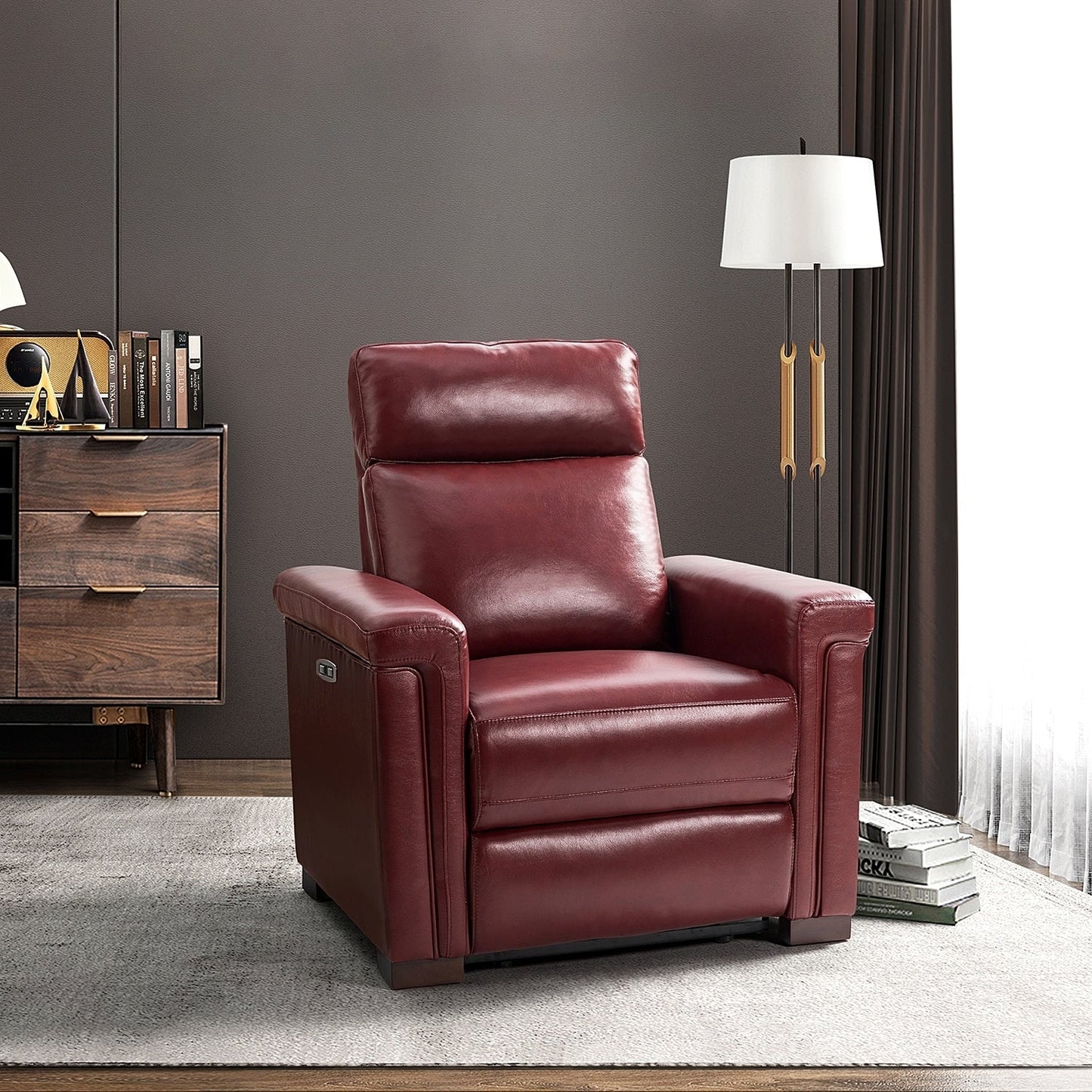 Alicia 34.65 Wide Contemporary Classic Genuine Leather Power Recliner With USB Port