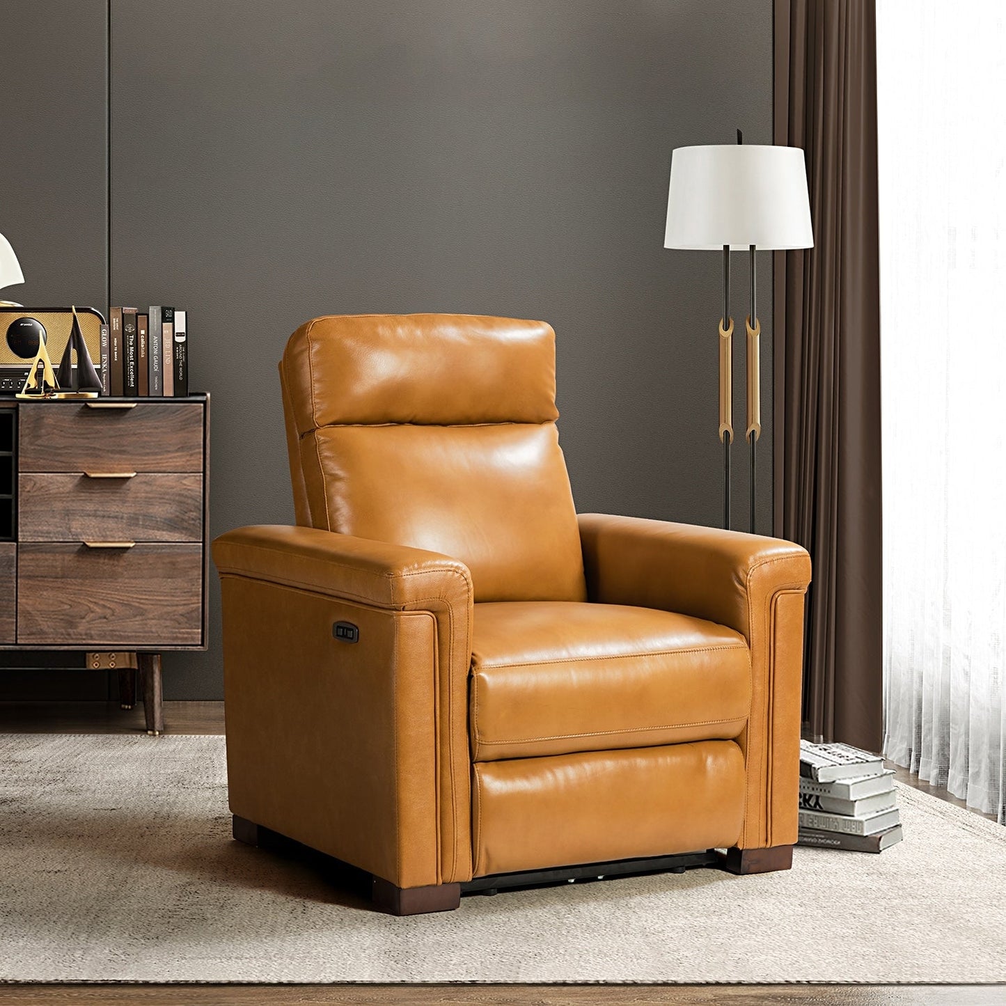 Alicia 34.65 Wide Contemporary Classic Genuine Leather Power Recliner With USB Port