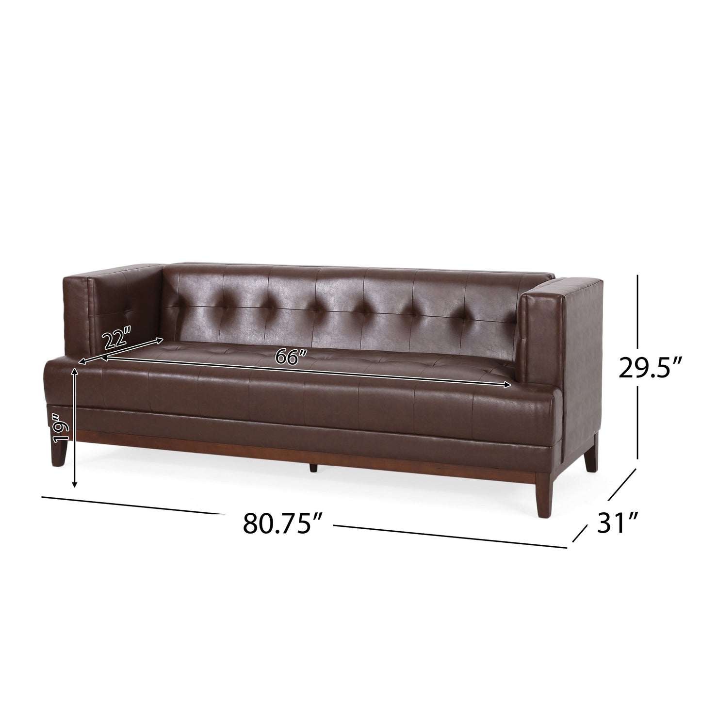 Alio Sofa, 3 Seater, 81 Inch, Tuxedo Arms, Tufted Brown Faux Leather