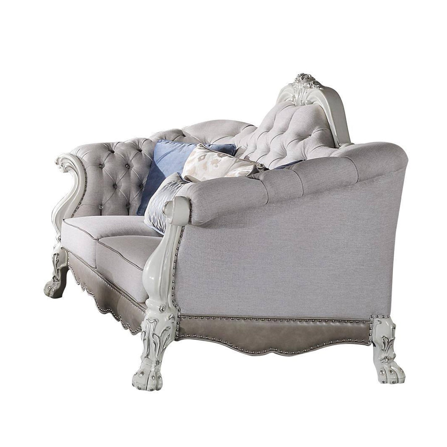 Ally Sofa, 7 Throw Pillows, Classical Bone White Faux Leather, 96 Inch