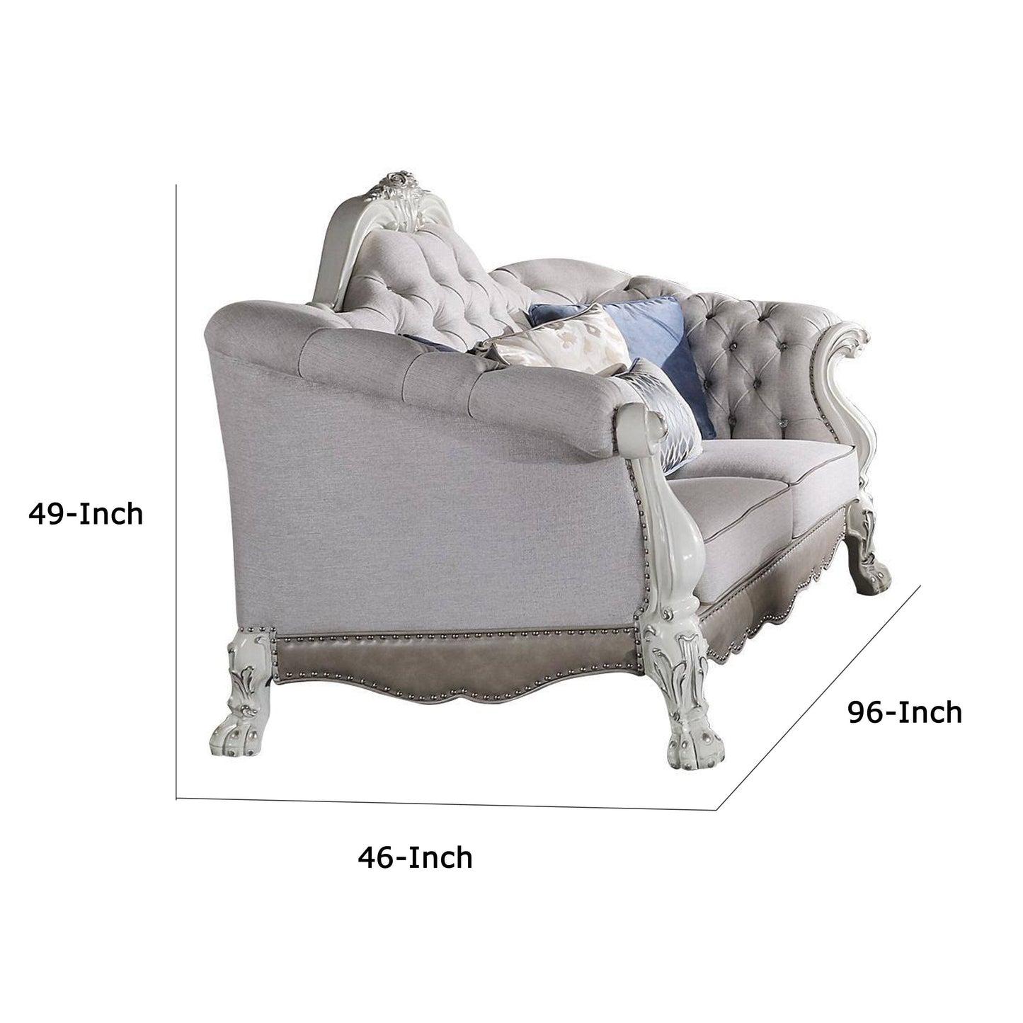 Ally Sofa, 7 Throw Pillows, Classical Bone White Faux Leather, 96 Inch