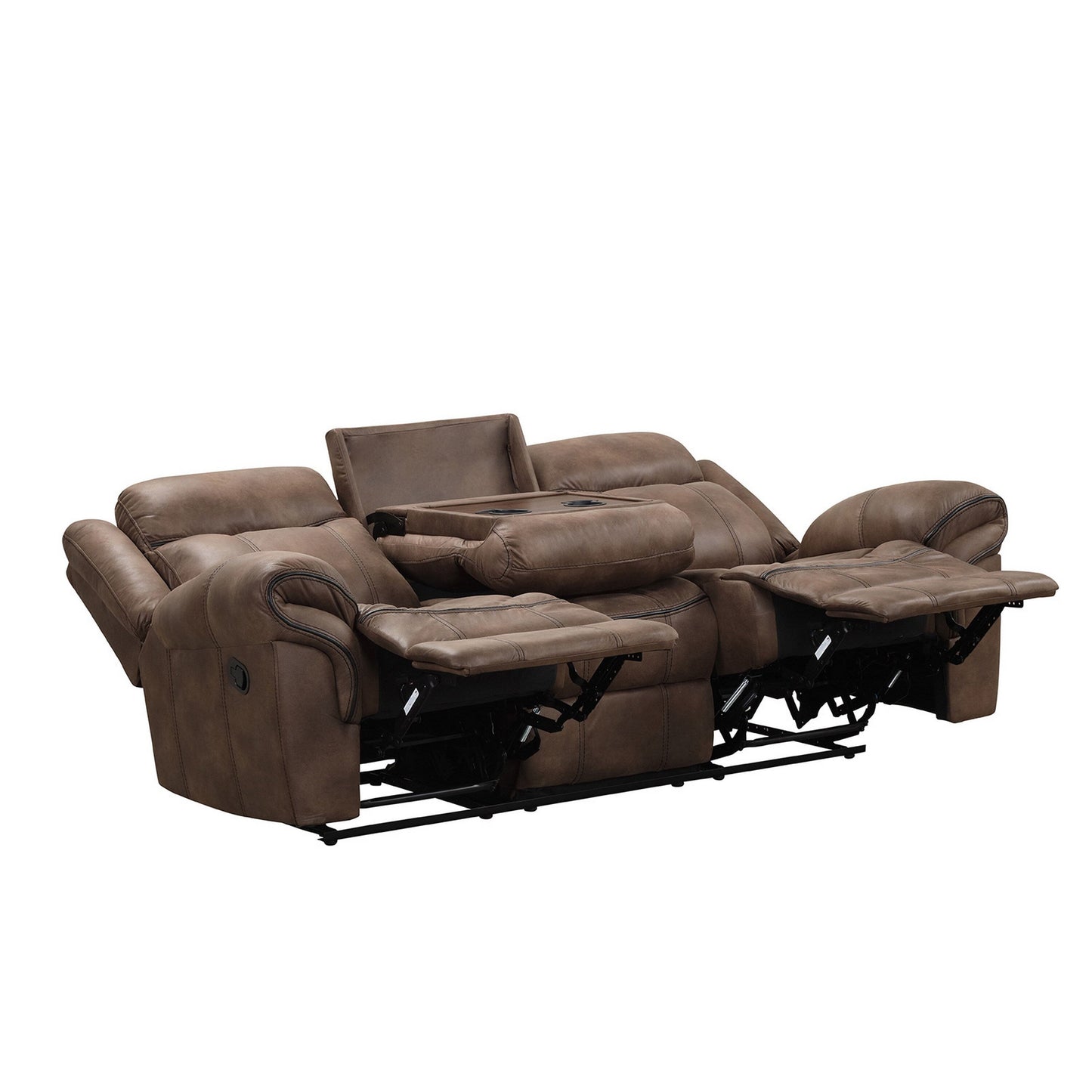 Arisa Sofa, Brown Faux Leather, Drop Down Table with Cupholders, 87 Inch
