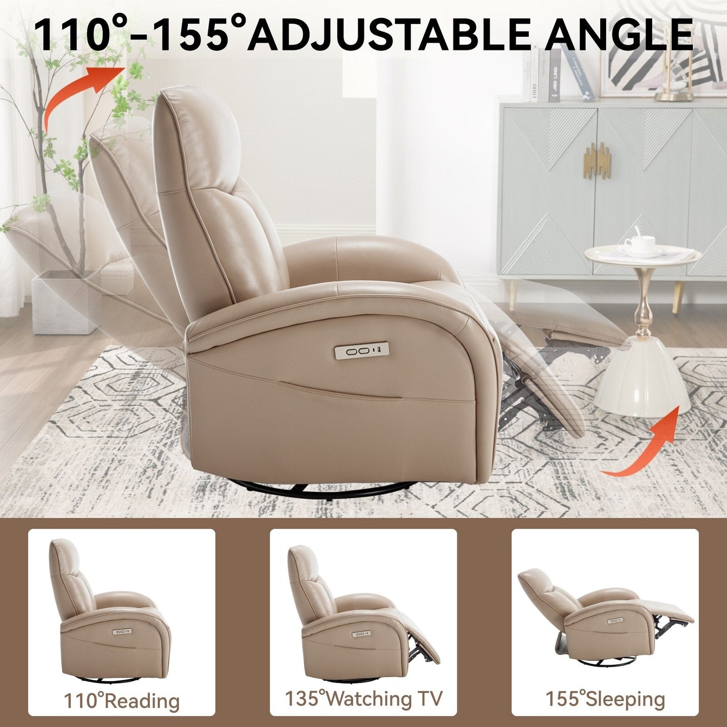 Armless Power Glider Swivel Recliner Chair with USB & High Back