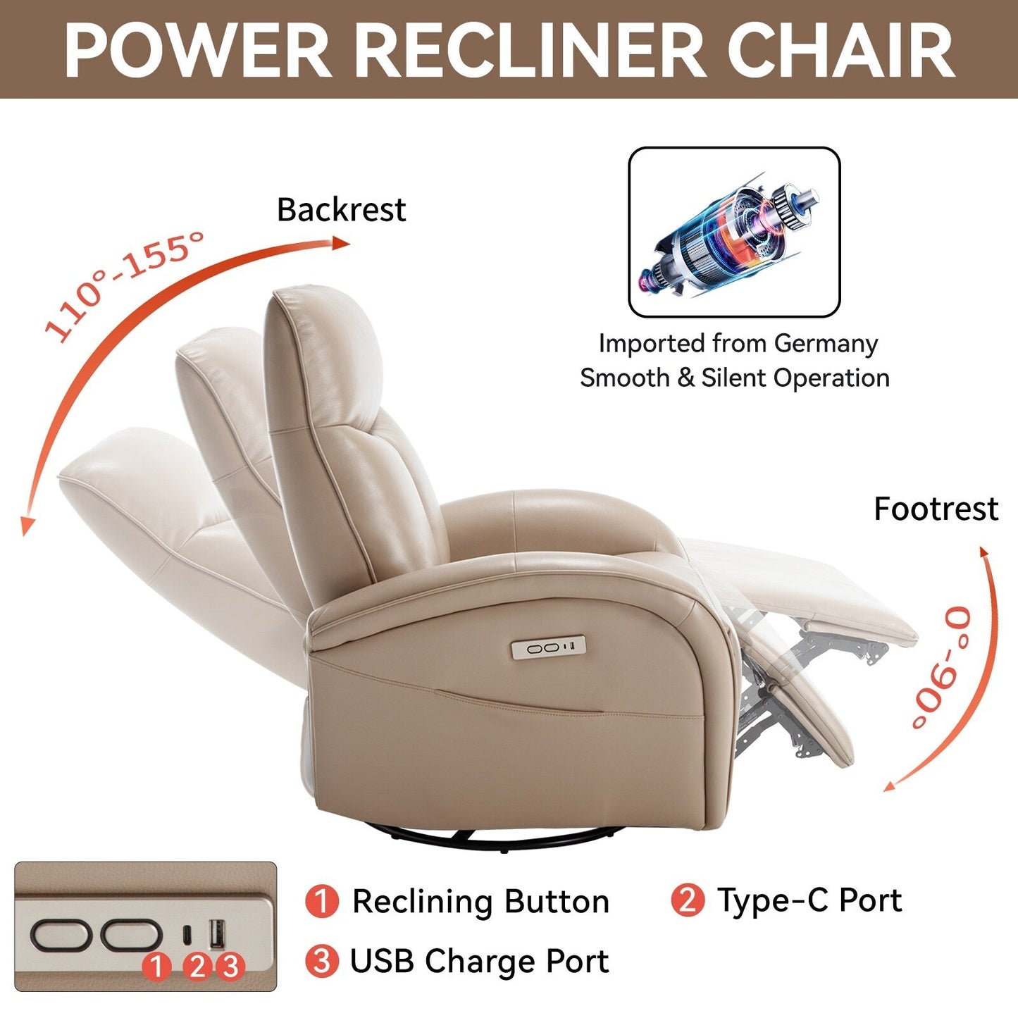 Armless Power Glider Swivel Recliner Chair with USB & High Back