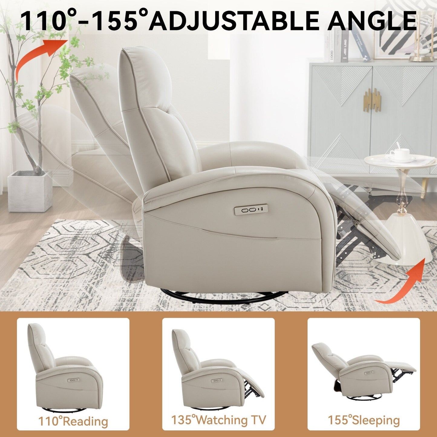 Armless Power Glider Swivel Recliner Chair with USB & High Back