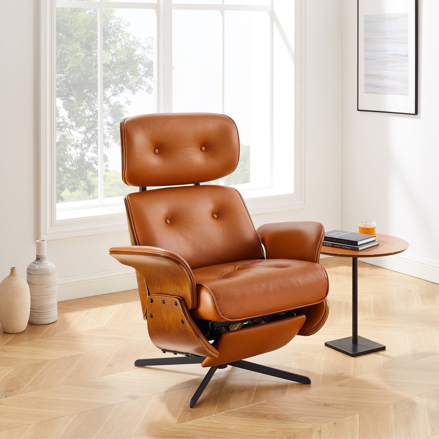 Art Leon Mid-century Modern Genuine Leather Lounge Chair Recliner