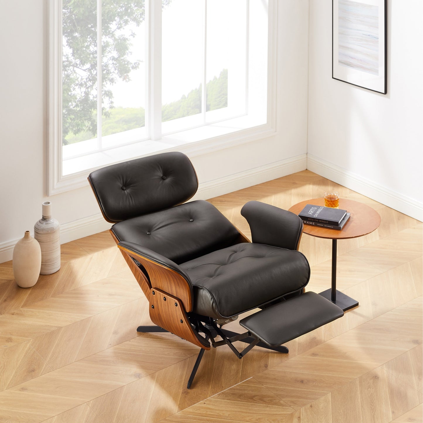 Art Leon Mid-century Modern Genuine Leather Lounge Chair Recliner