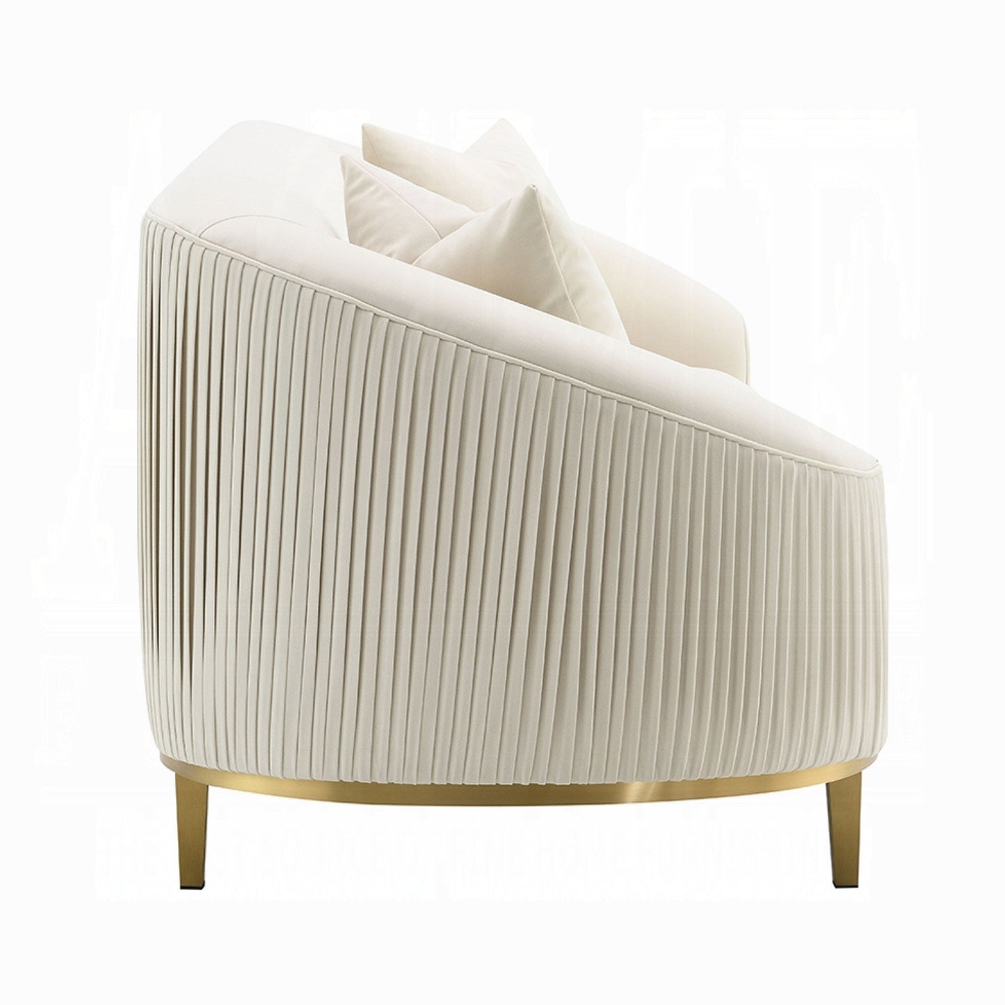 Artina Sofa, 2 Accent Throw Pillows, Ivory Velvet, Gold Metal, 89 Inch