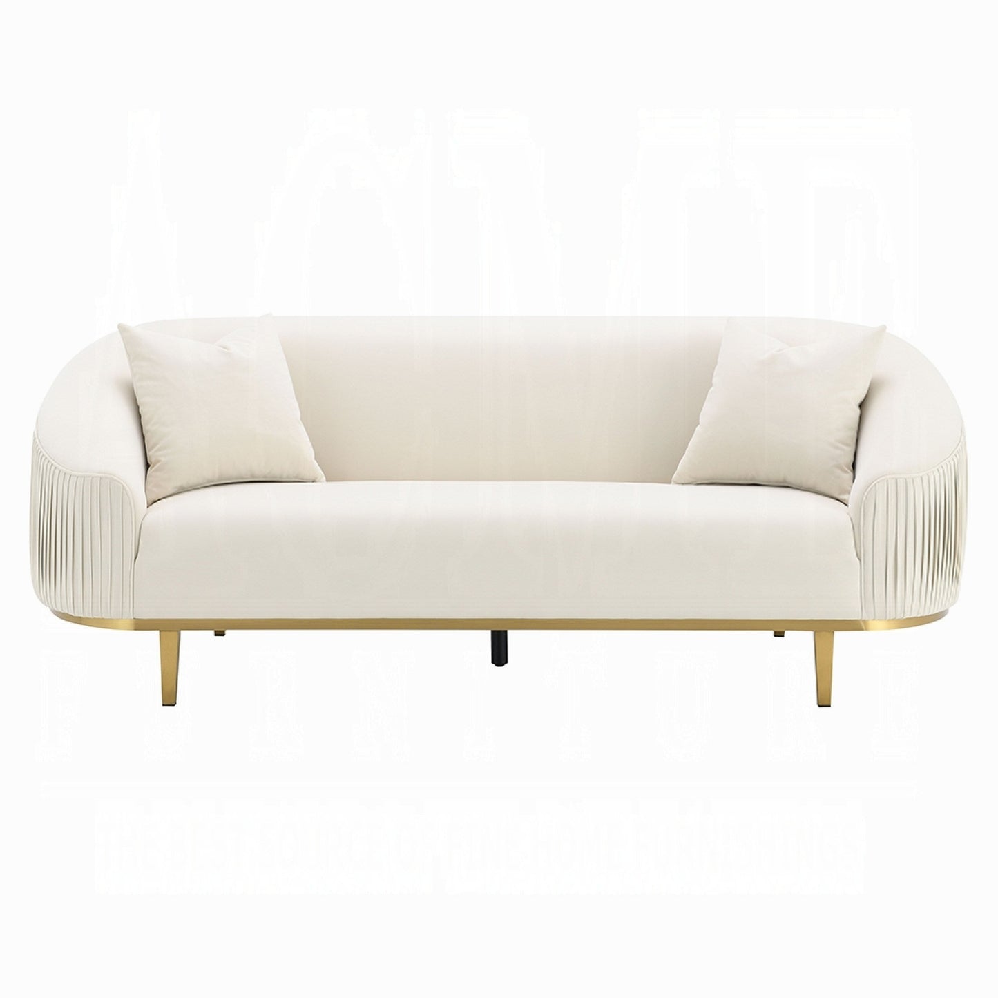 Artina Sofa, 2 Accent Throw Pillows, Ivory Velvet, Gold Metal, 89 Inch
