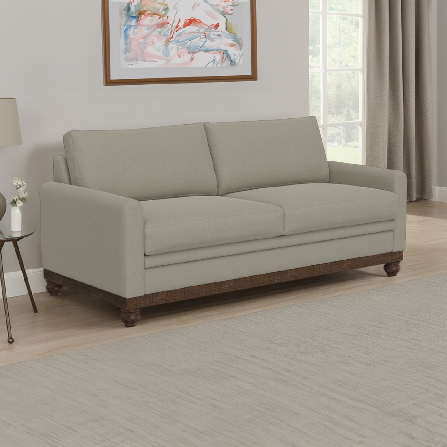 Ata Sofa, Almond Gray Polyester, 2 Pillows, Brown Solid Wood, 86 Inch
