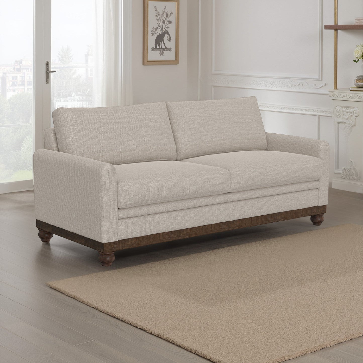 Ata Sofa, Beige Polyester, 2 Pillows, Brown Solid Wood Frame, 86 Inch
