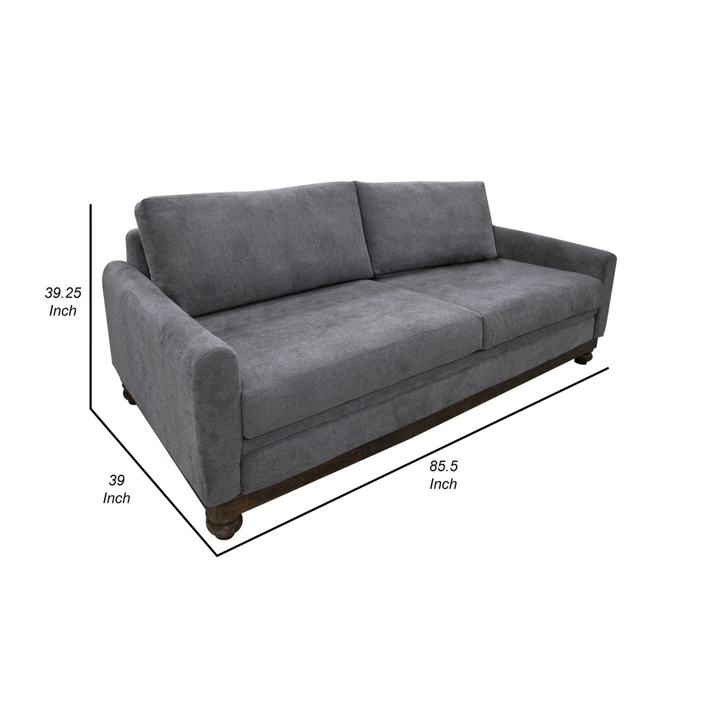 Ata Sofa, Iron Gray Polyester, 2 Throw Pillows, Brown Solid Wood, 86 Inch