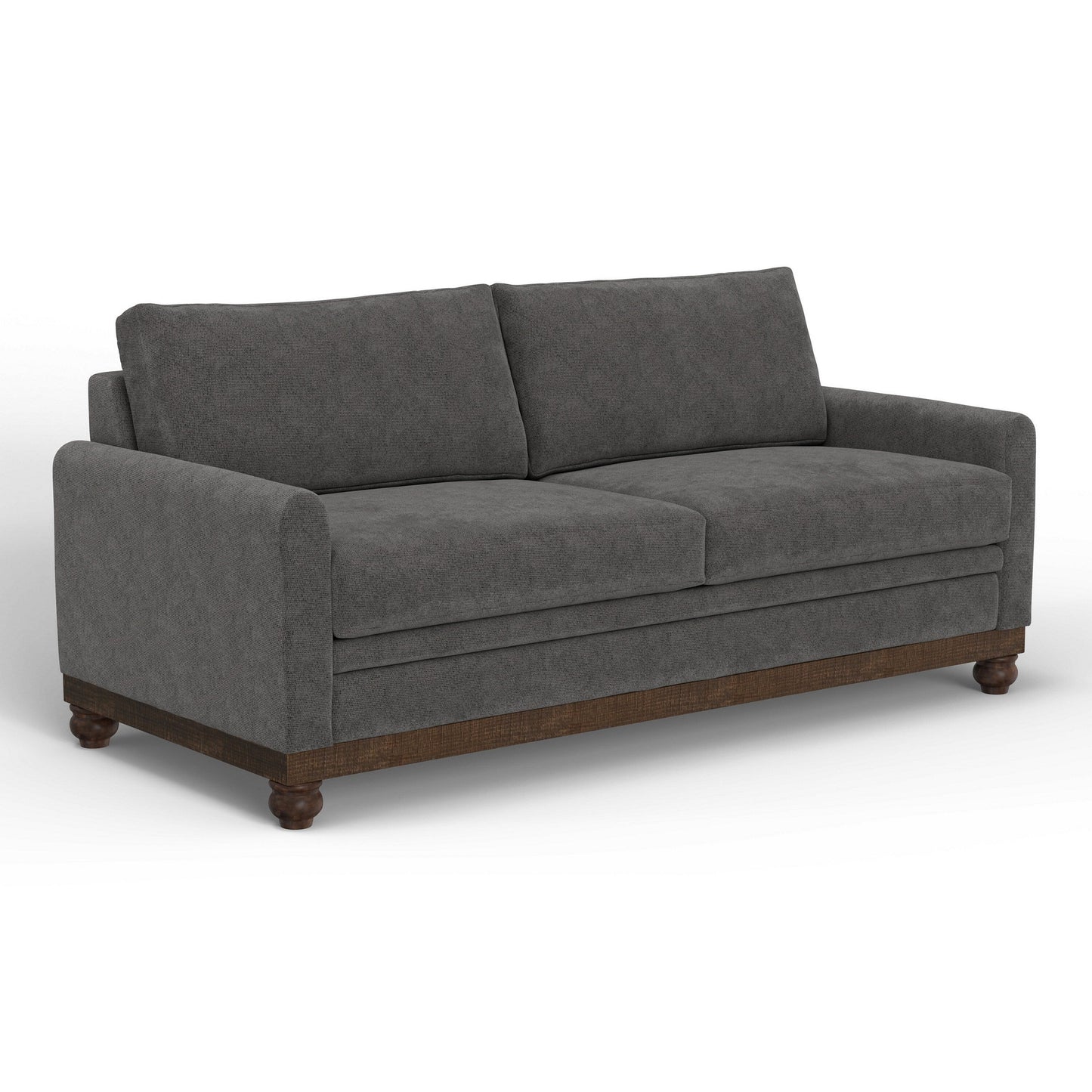 Ata Sofa, Iron Gray Polyester, 2 Throw Pillows, Brown Solid Wood, 86 Inch