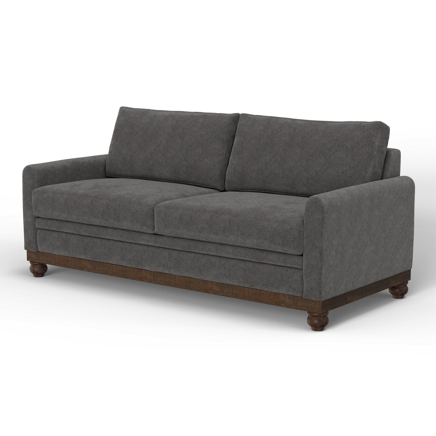 Ata Sofa, Iron Gray Polyester, 2 Throw Pillows, Brown Solid Wood, 86 Inch