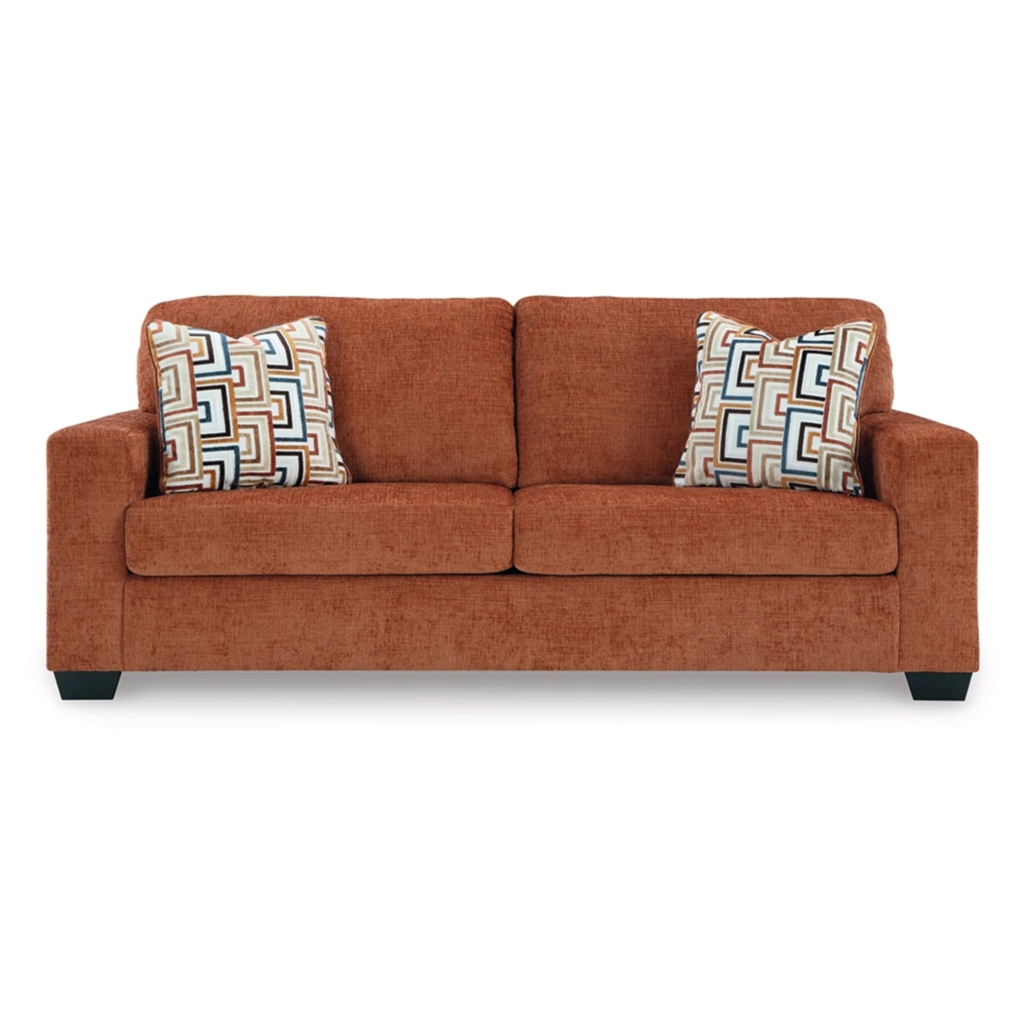 Avie Queen Sofa Sleeper, 2 Accent Pillows, Orange Polyester 85 Inch