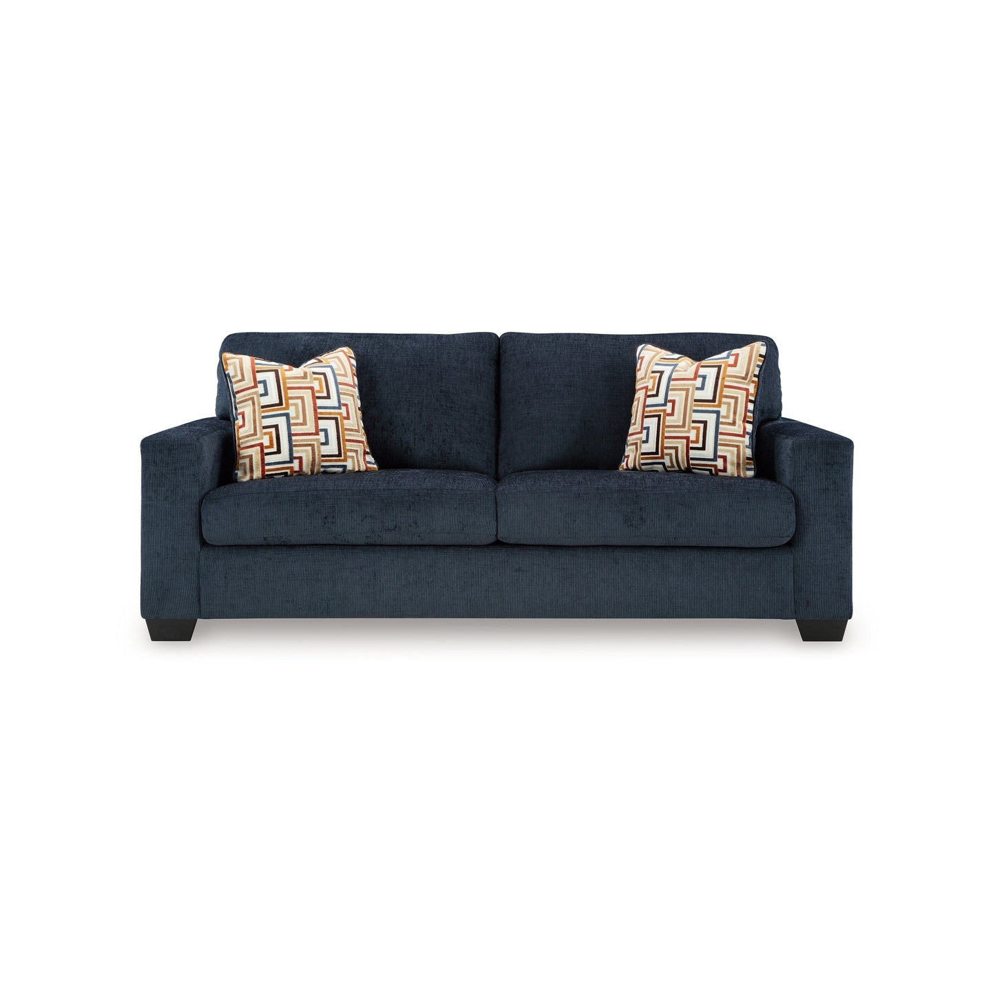 Avie Sofa, 2 Accent Pillows, 85 Inch, Black, Soft Navy Blue Polyester