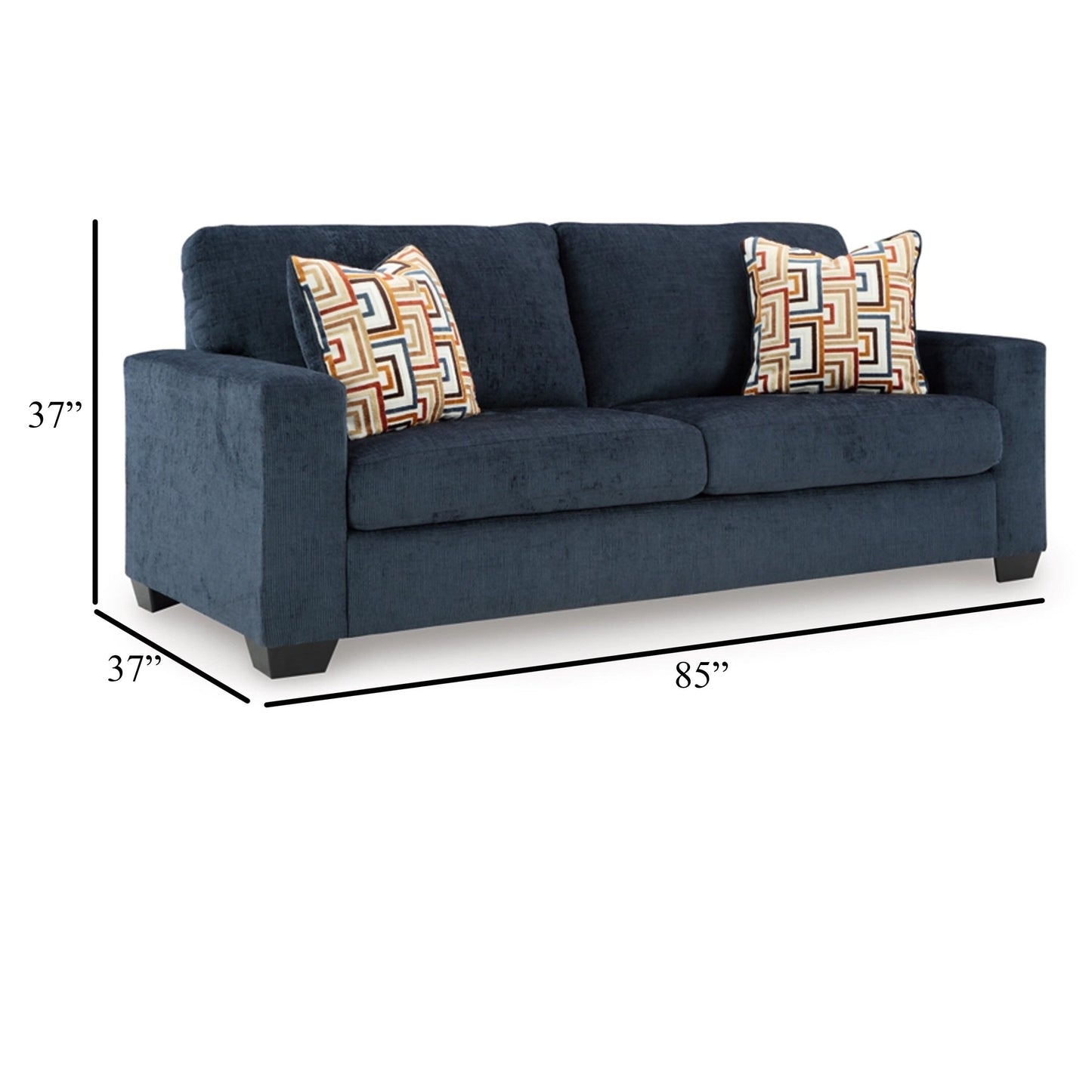 Avie Sofa, 2 Accent Pillows, 85 Inch, Black, Soft Navy Blue Polyester