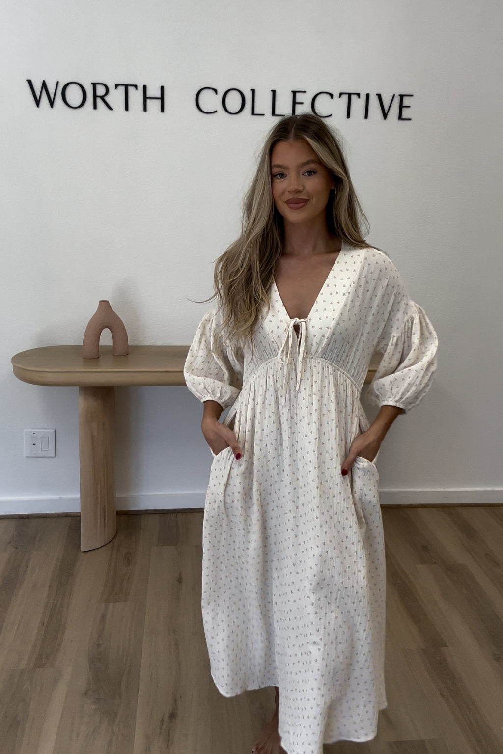 Hunter 100% Cotton Gauze Midi Dress in Natural/Brown Floral Bump Friendly (Fully Lined)