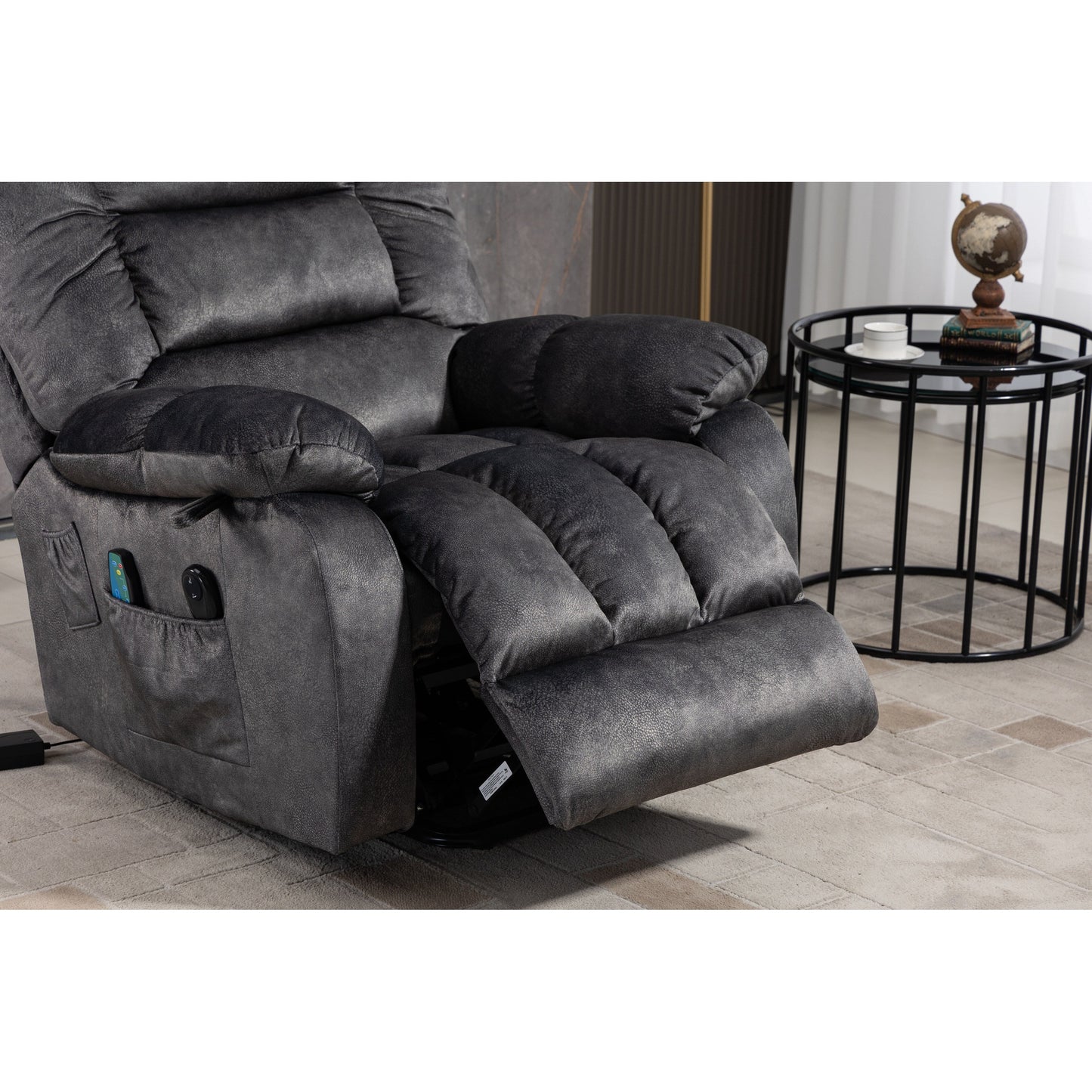 Beacon Grey Oversized Chenille Power Lift Recliner with 8 Point Massage and Lumbar Heating