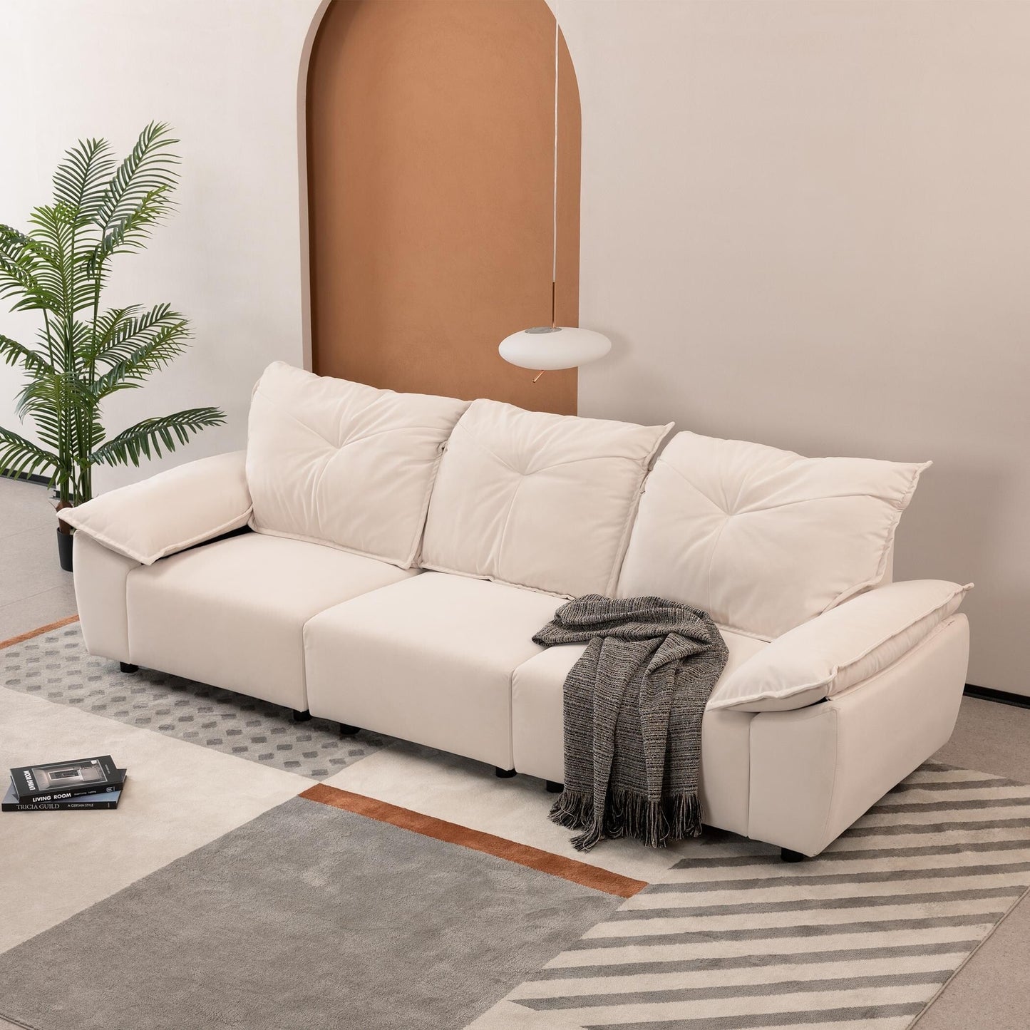 Beige 102.34 3-seater Sofa with Remove Pillowcase and Remove Backrest for Living Room