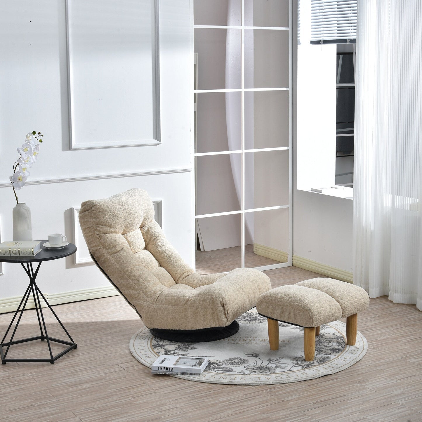 Beige Boucle Upholstered 360° Swivel Armless Manual Leisure Recliner Set with Ottoman, Adjustable Headrest and Backrest