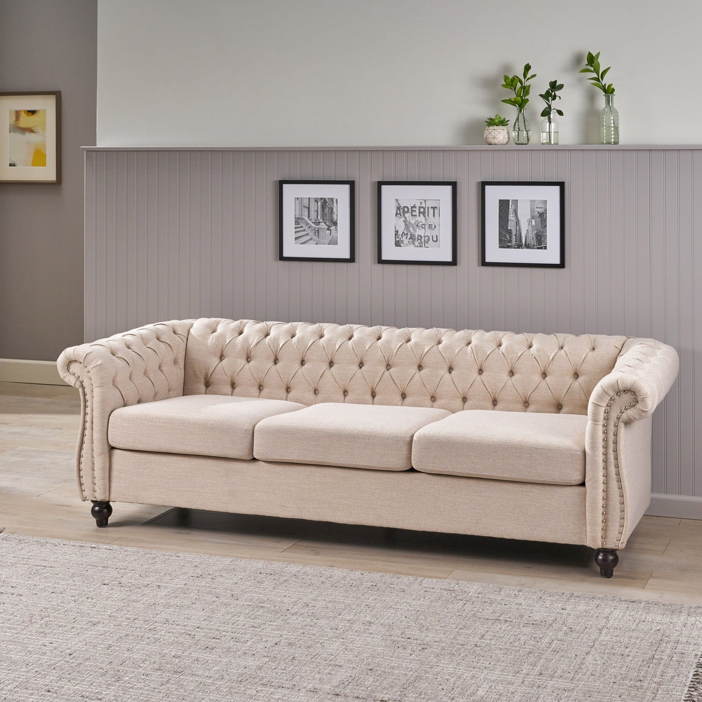 Beige Chesterfield 84.75 Button Tufted Upholstered 3-seater Sofa with Nailheads and Wood Legs