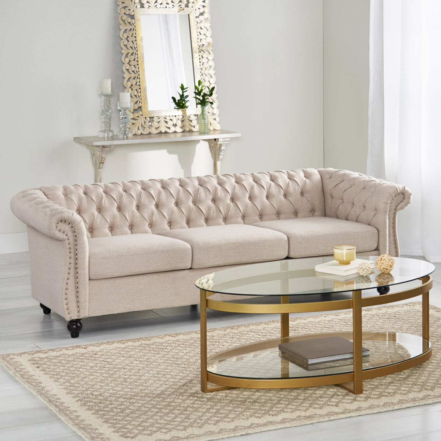 Beige Chesterfield 84.75 Button Tufted Upholstered 3-seater Sofa with Nailheads and Wood Legs