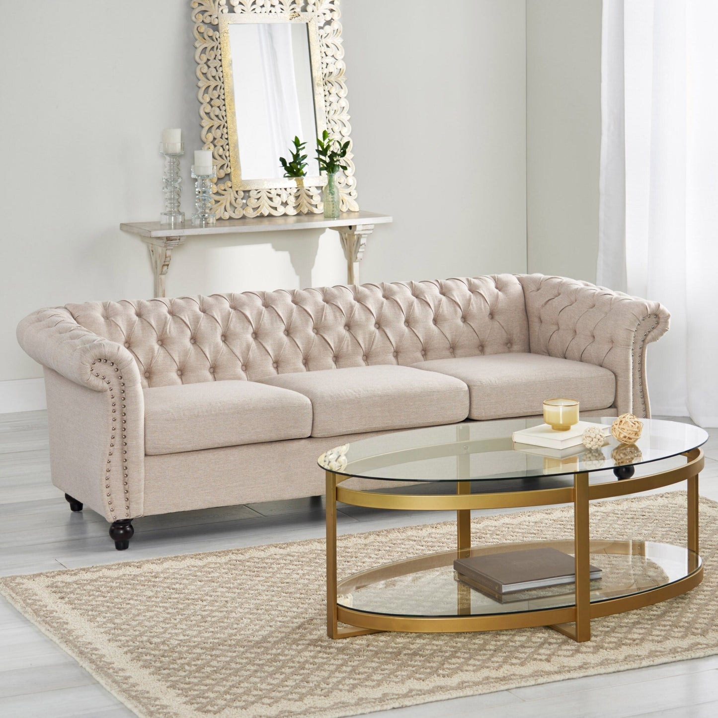 Beige Chesterfield Button Tufted 3-seater Sofa with Nailheads
