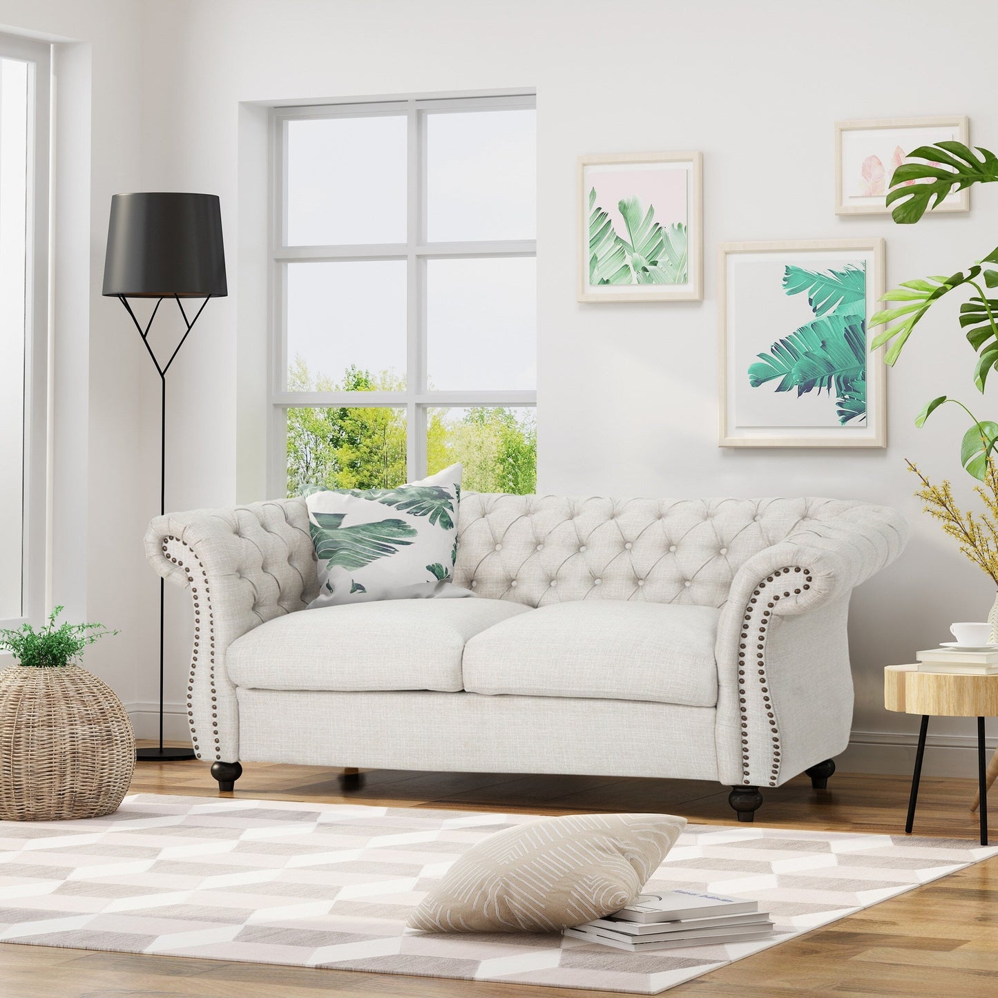 Beige Chesterfield Loveseat Button Tufted Sofa with Nailheads