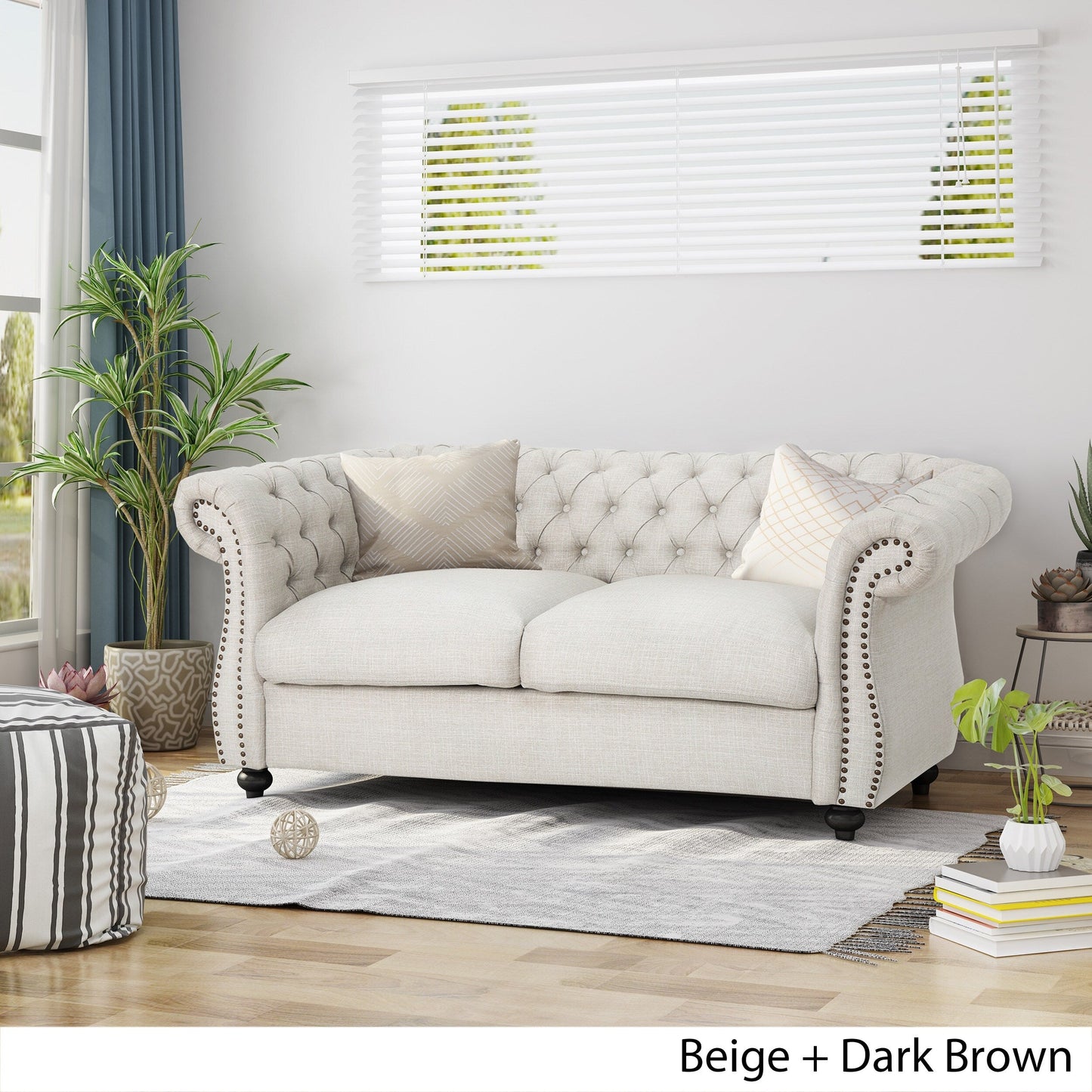 Beige Chesterfield Loveseat Button Tufted Sofa with Nailheads
