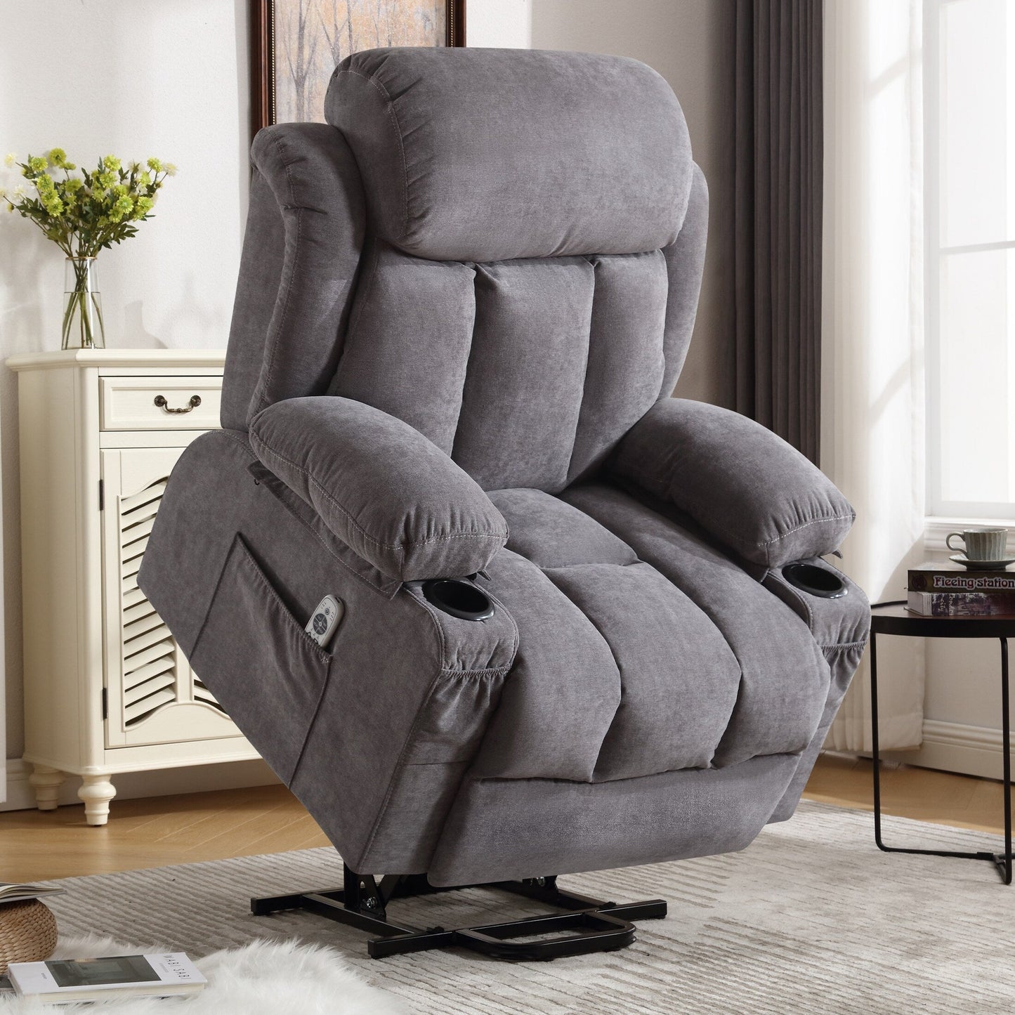 Beige Electric Recliner Lift Chair with Heating, Massage, USB Port, Side Storage, and Remote Control