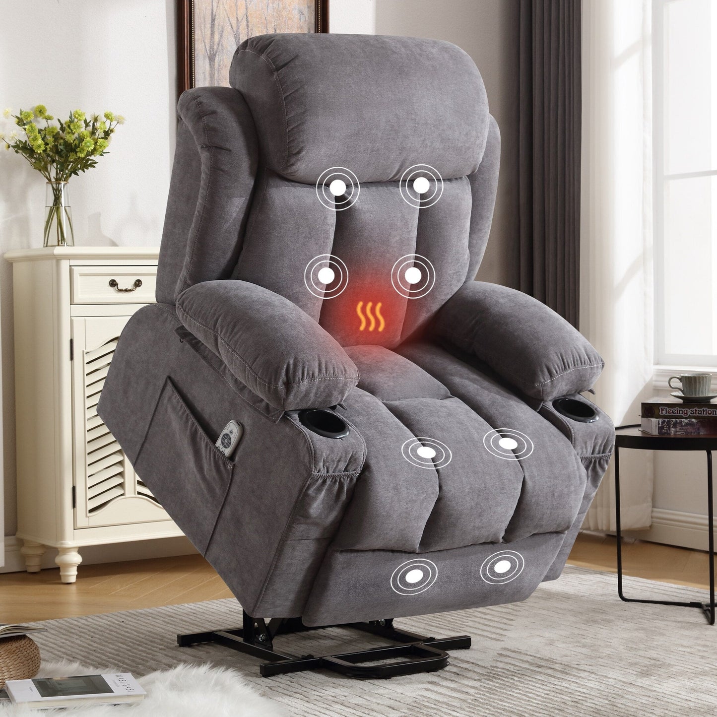 Beige Electric Recliner Lift Chair with Heating, Massage, USB Port, Side Storage, and Remote Control