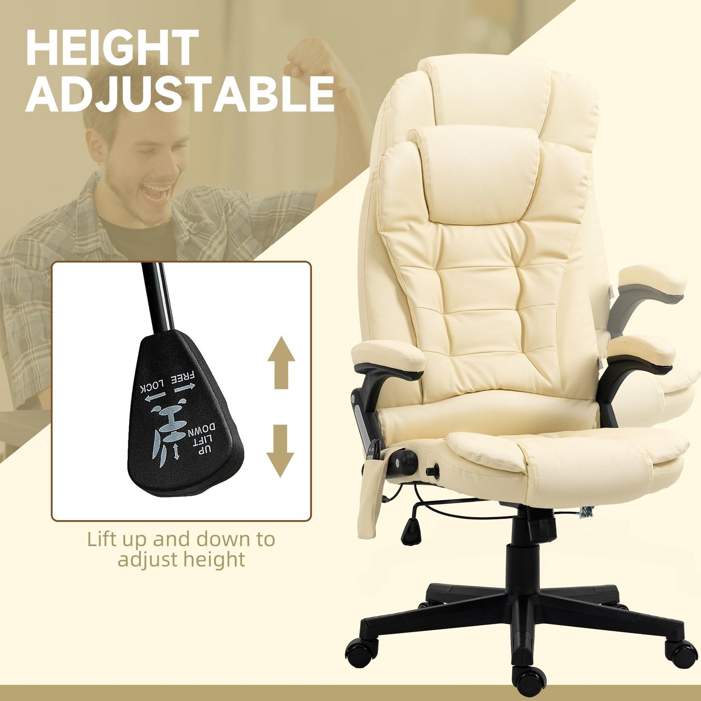 Beige PU Leather 360° Swivel High Back Office Recliner with Vibration Massage, Lumbar Heating, and Adjustable Height