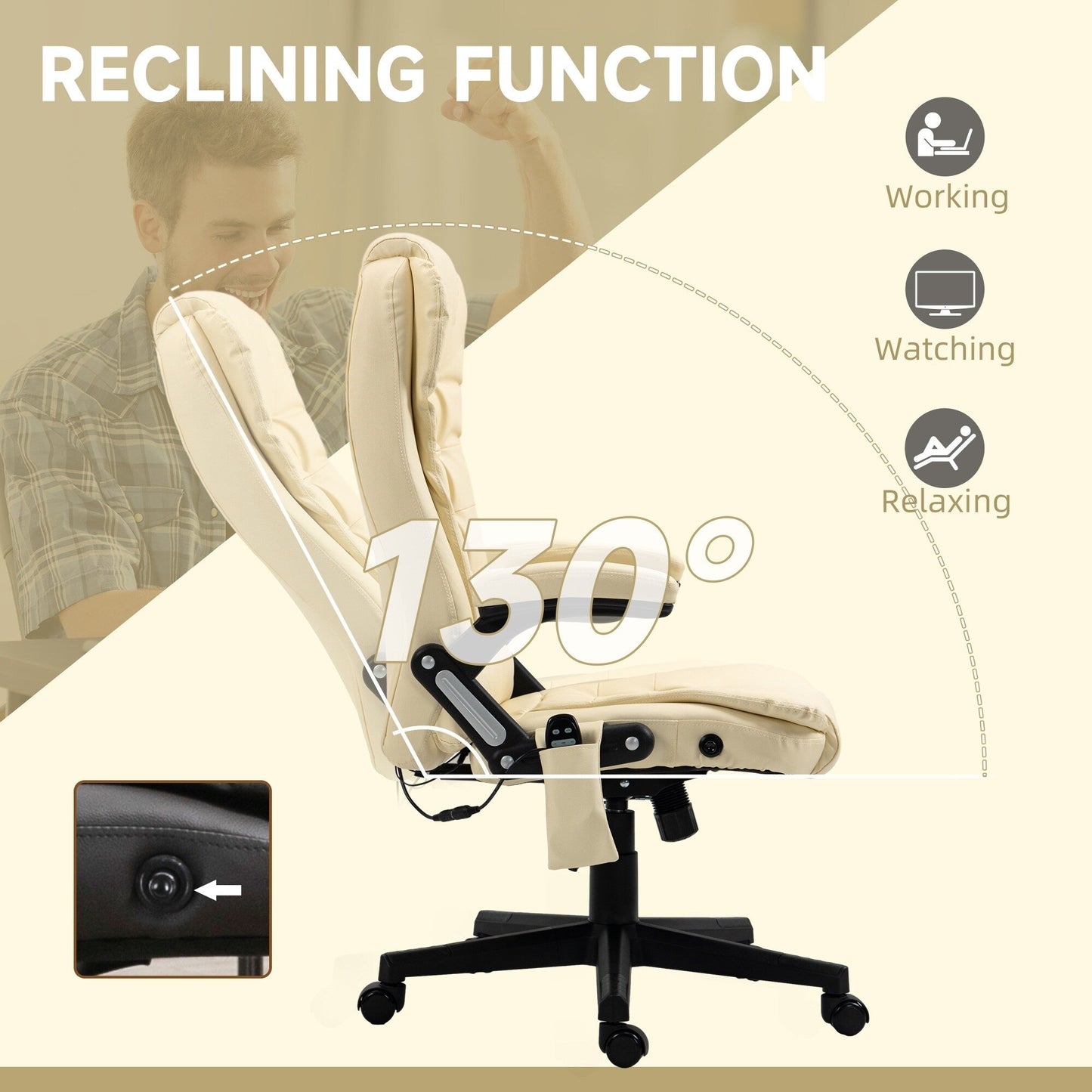 Beige PU Leather 360° Swivel High Back Office Recliner with Vibration Massage, Lumbar Heating, and Adjustable Height