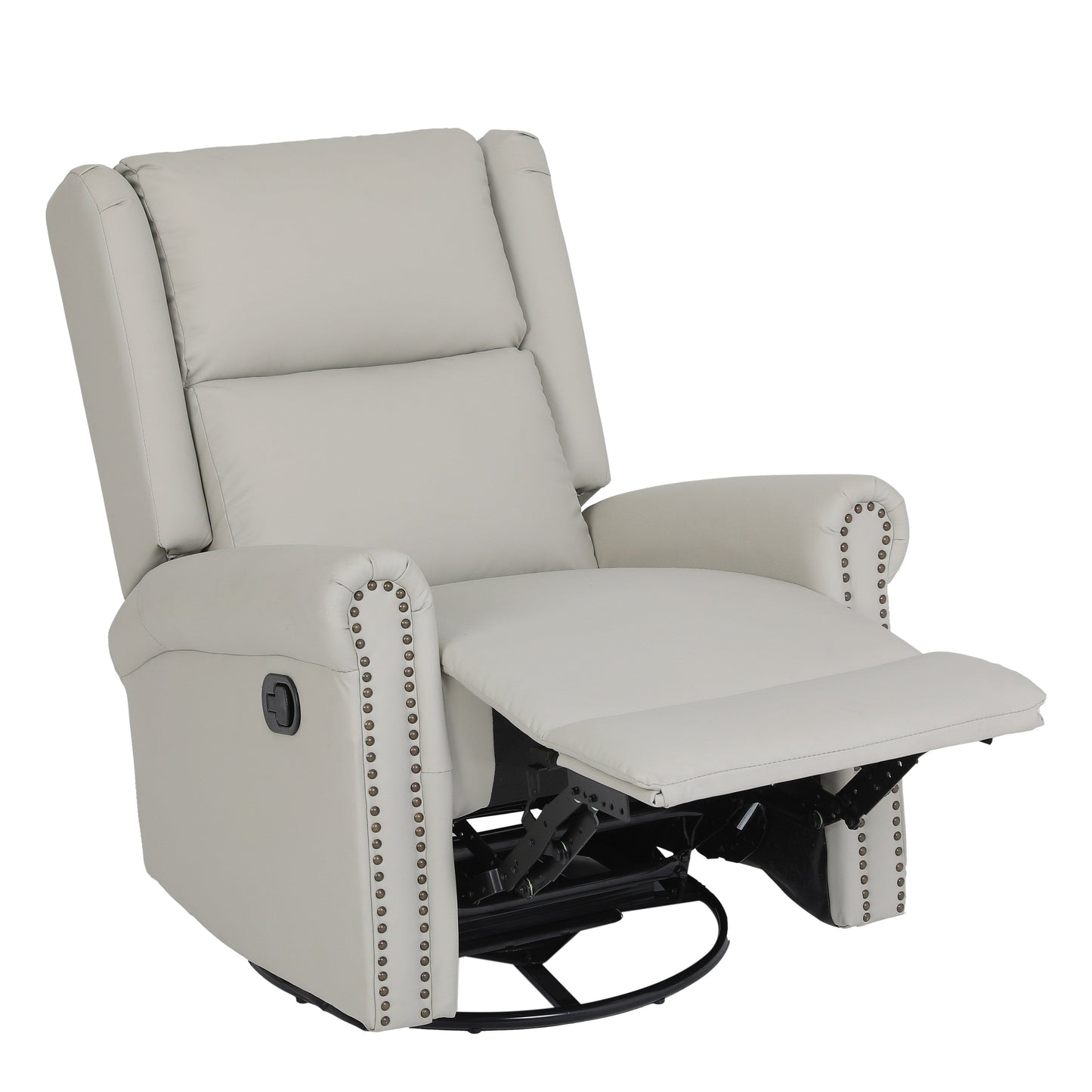 Beige PU Leather Upholstered 360° Swivel Manual Recliner with Adjustable Backrest and Footrest, Nailhead decoration