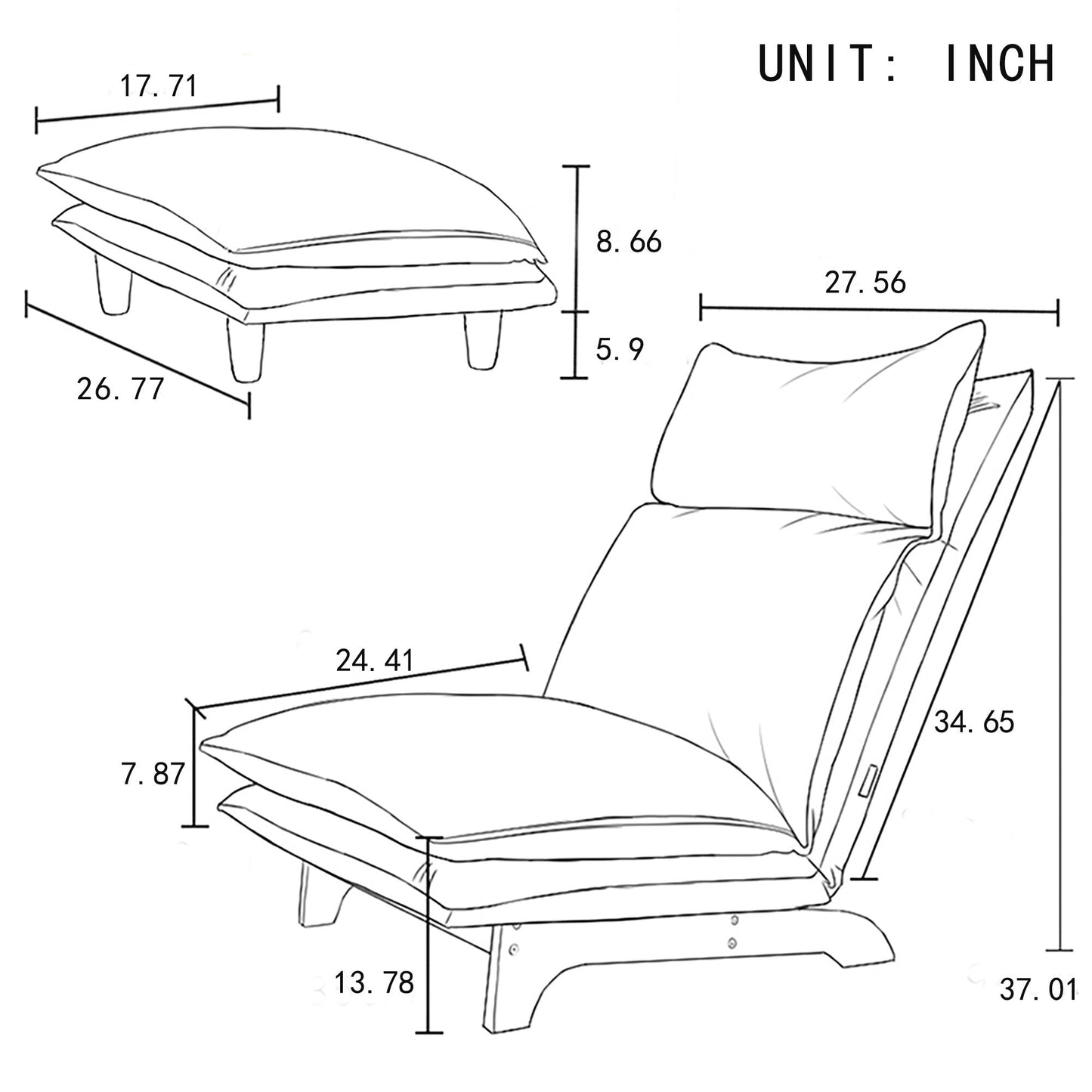 Beige Upholstered Armless Manual Lazy Recliner Set with Ottoman, Adjustable Headrest and Backrest, 180° Flat Lay