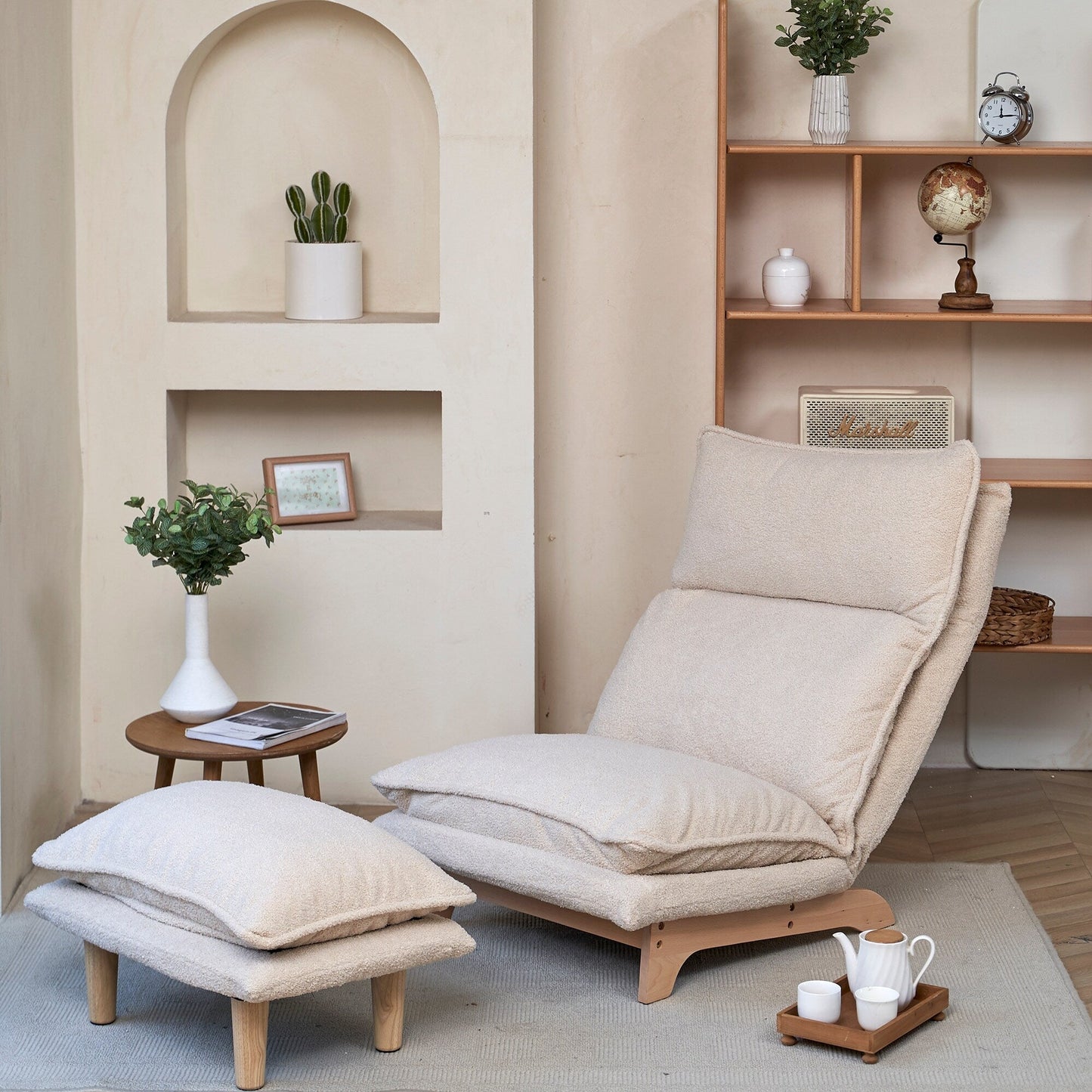 Beige Upholstered Armless Manual Lazy Recliner Set with Ottoman, Adjustable Headrest and Backrest, 180° Flat Lay