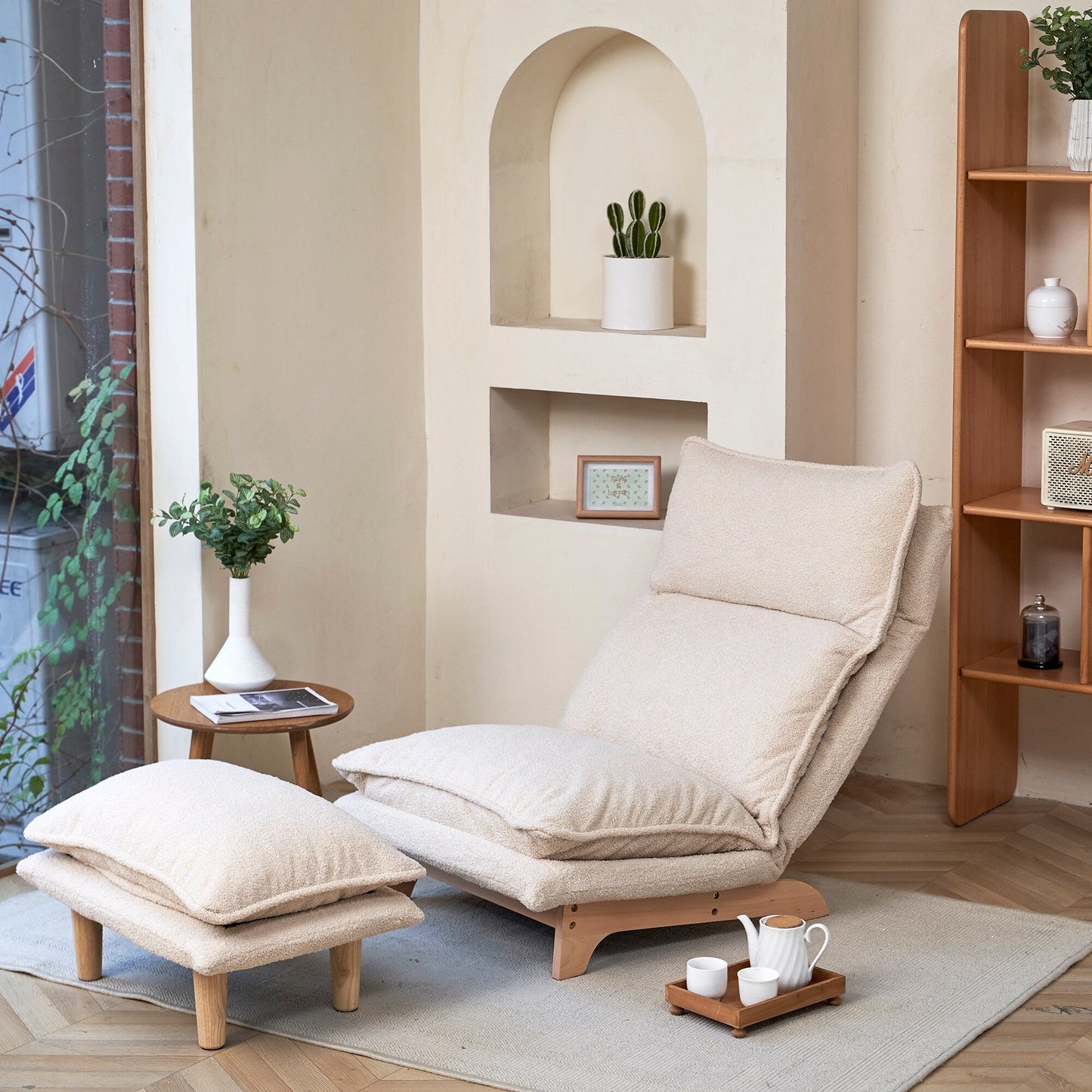 Beige Upholstered Armless Manual Lazy Recliner Set with Ottoman, Adjustable Headrest and Backrest, 180° Flat Lay