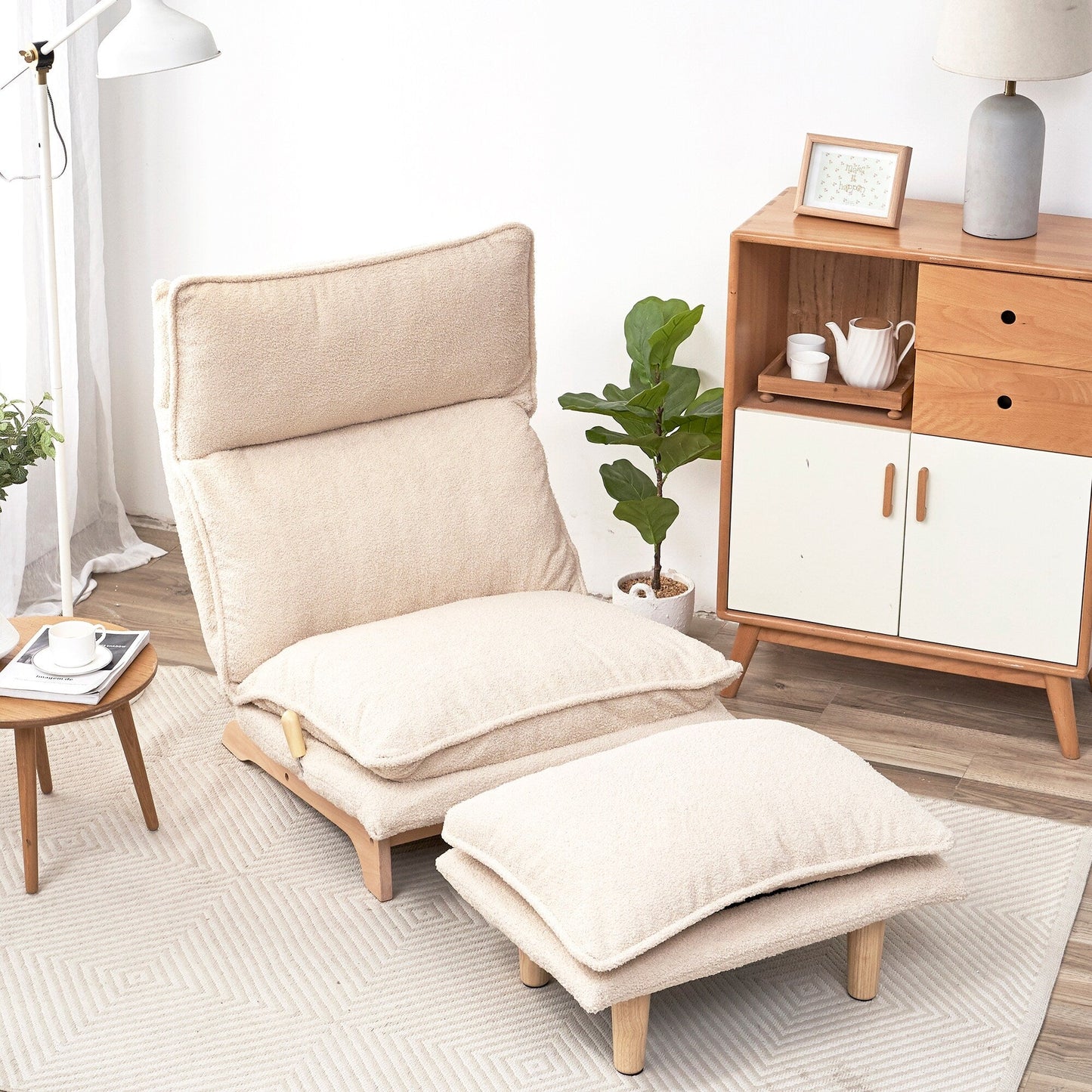 Beige Upholstered Armless Manual Lazy Recliner Set with Ottoman, Adjustable Headrest and Backrest, 180° Flat Lay