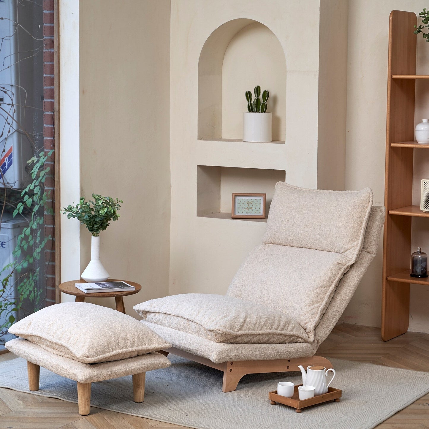 Beige Upholstered Armless Manual Lazy Recliner Set with Ottoman, Adjustable Headrest and Backrest, 180° Flat Lay