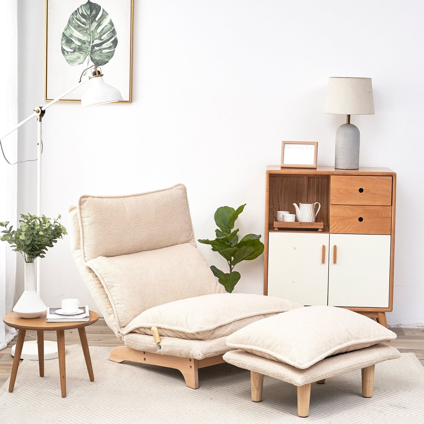 Beige Upholstered Armless Manual Lazy Recliner Set with Ottoman, Adjustable Headrest and Backrest, 180° Flat Lay