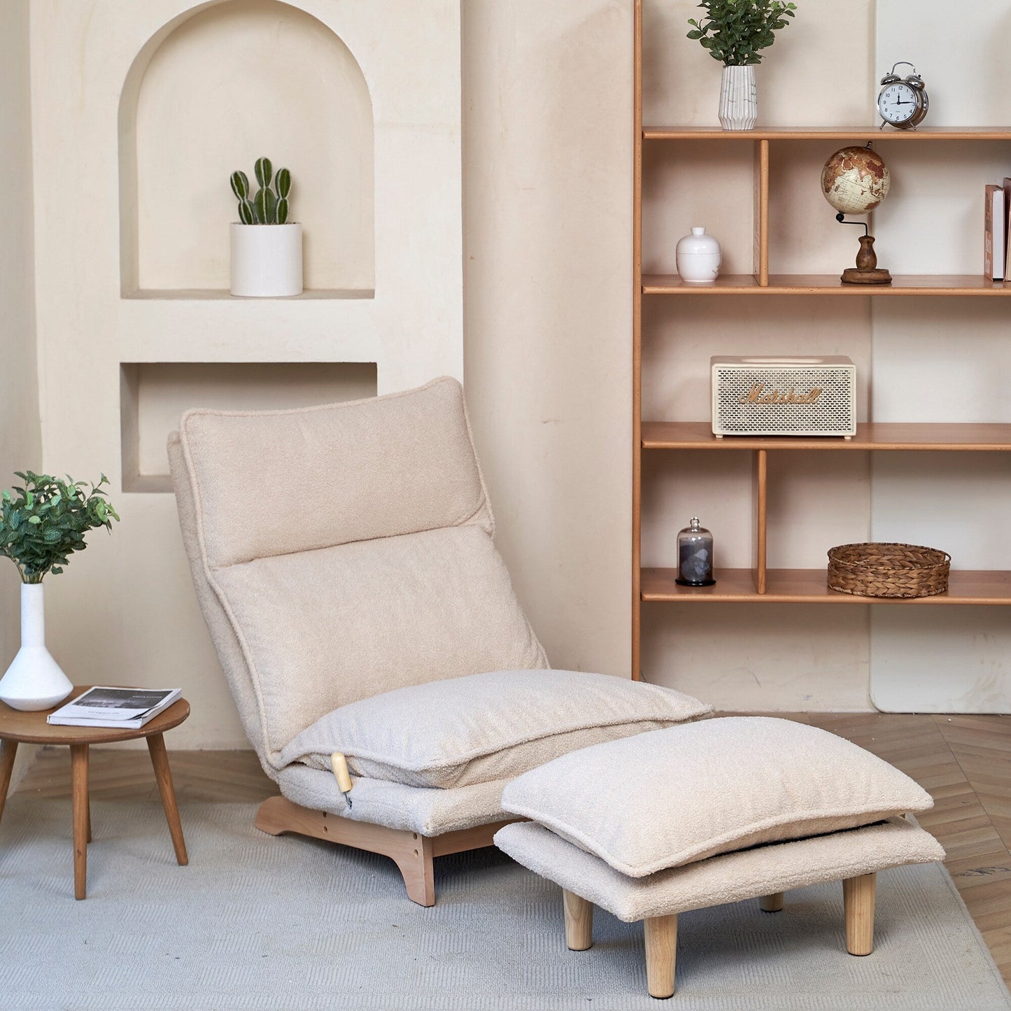 Beige Upholstered Armless Manual Lazy Recliner Set with Ottoman, Adjustable Headrest and Backrest, 180° Flat Lay