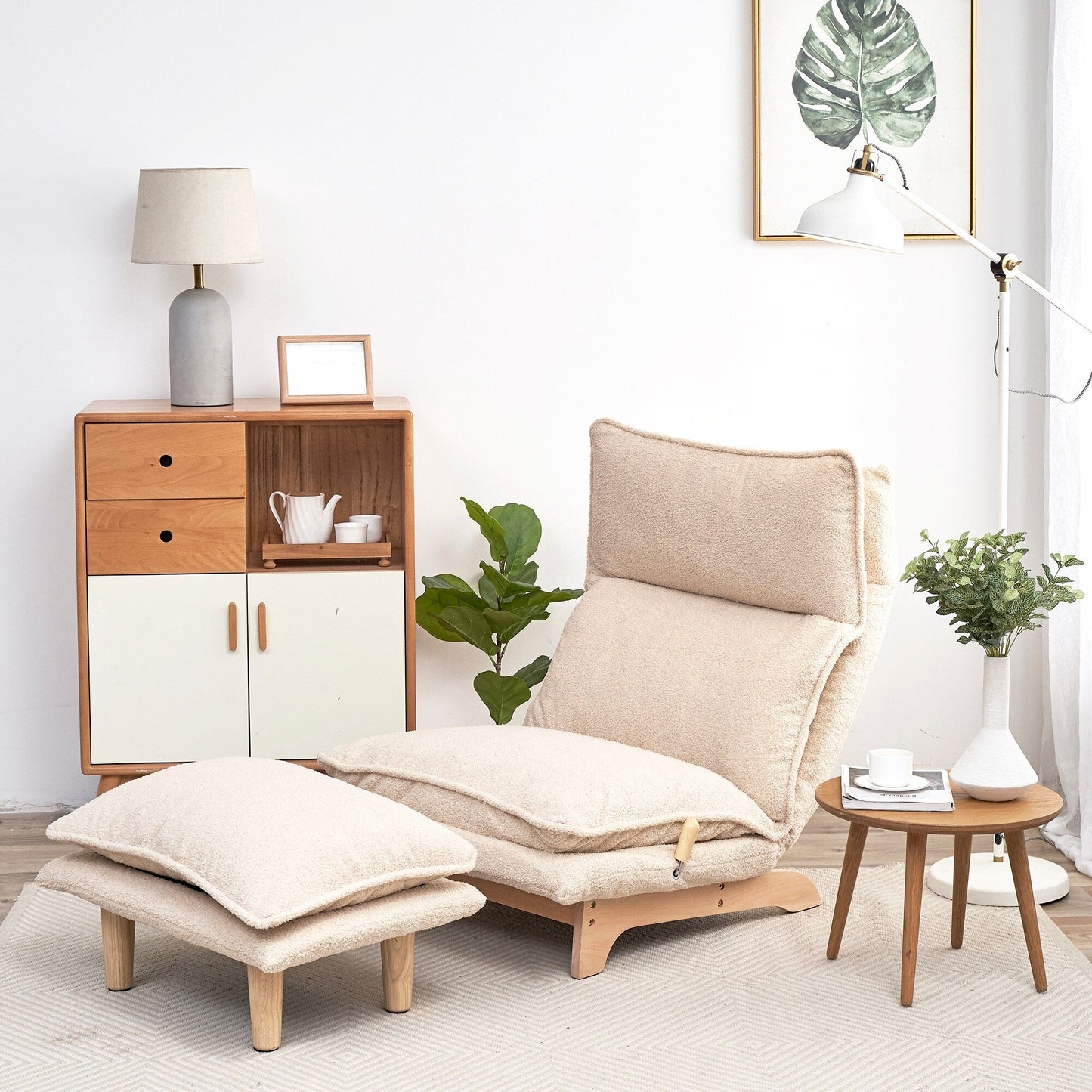 Beige Upholstered Armless Manual Lazy Recliner Set with Ottoman, Adjustable Headrest and Backrest, 180° Flat Lay