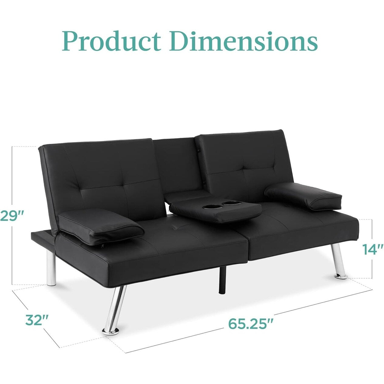 Best Choice Faux Leather Convertible Futon - Adjustable Sofa Bed with Removable Armrests, BlackÂ