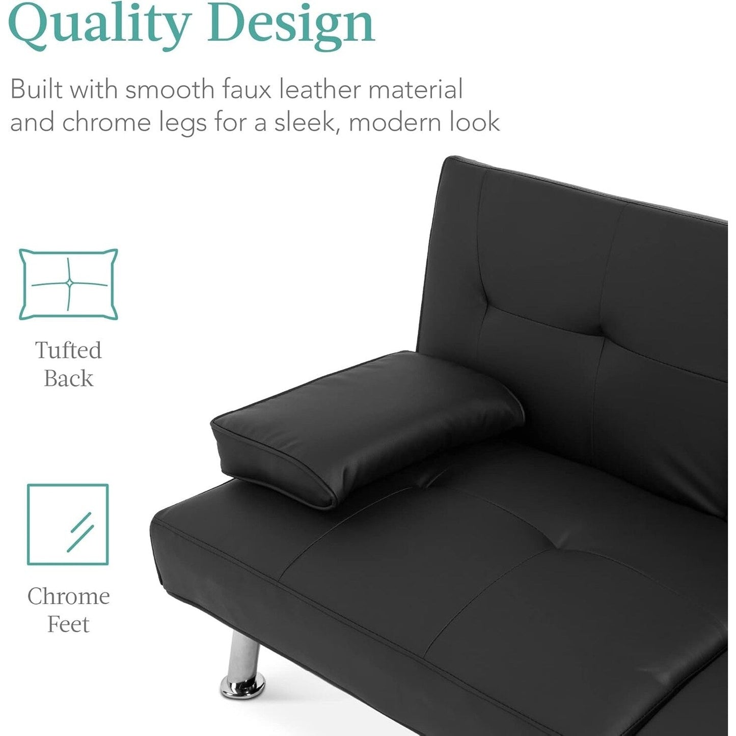 Best Choice Faux Leather Convertible Futon - Adjustable Sofa Bed with Removable Armrests, BlackÂ