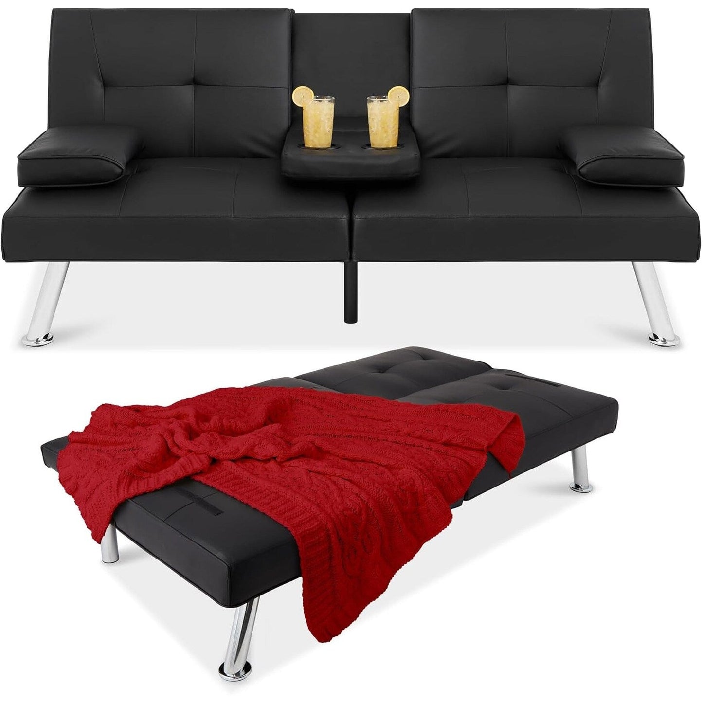 Best Choice Faux Leather Convertible Futon - Adjustable Sofa Bed with Removable Armrests, BlackÂ